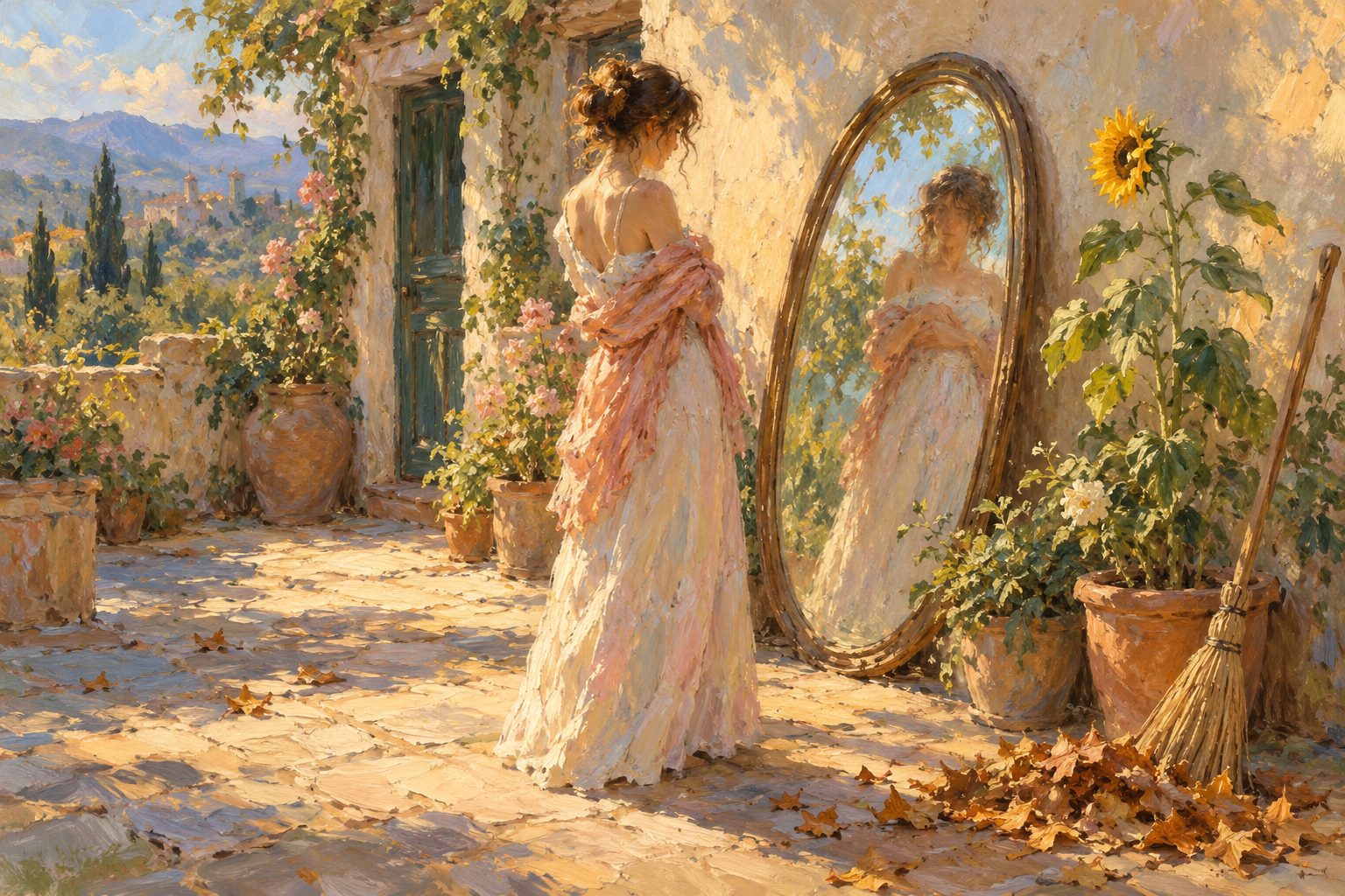 Pintura impresionista de una mujer ante un espejo en un patio, ilustración de cómo perdonarse a uno mismo
