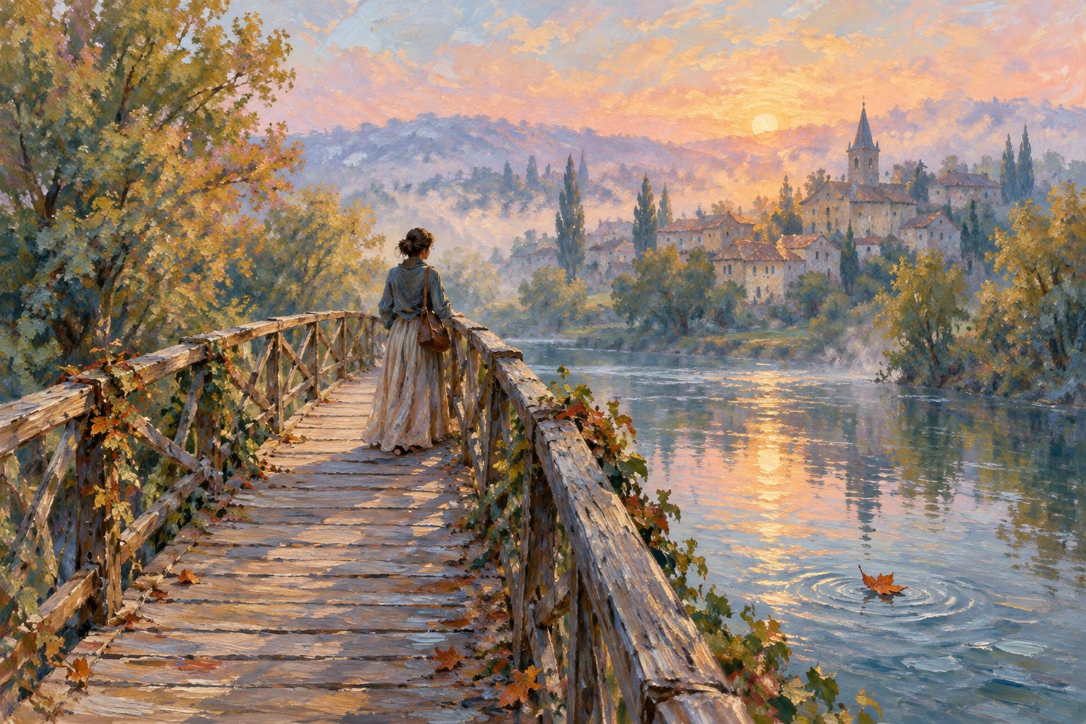 Pintura impresionista de una persona en un puente al amanecer, ilustración de cómo saber si debo renunciar a mi trabajo