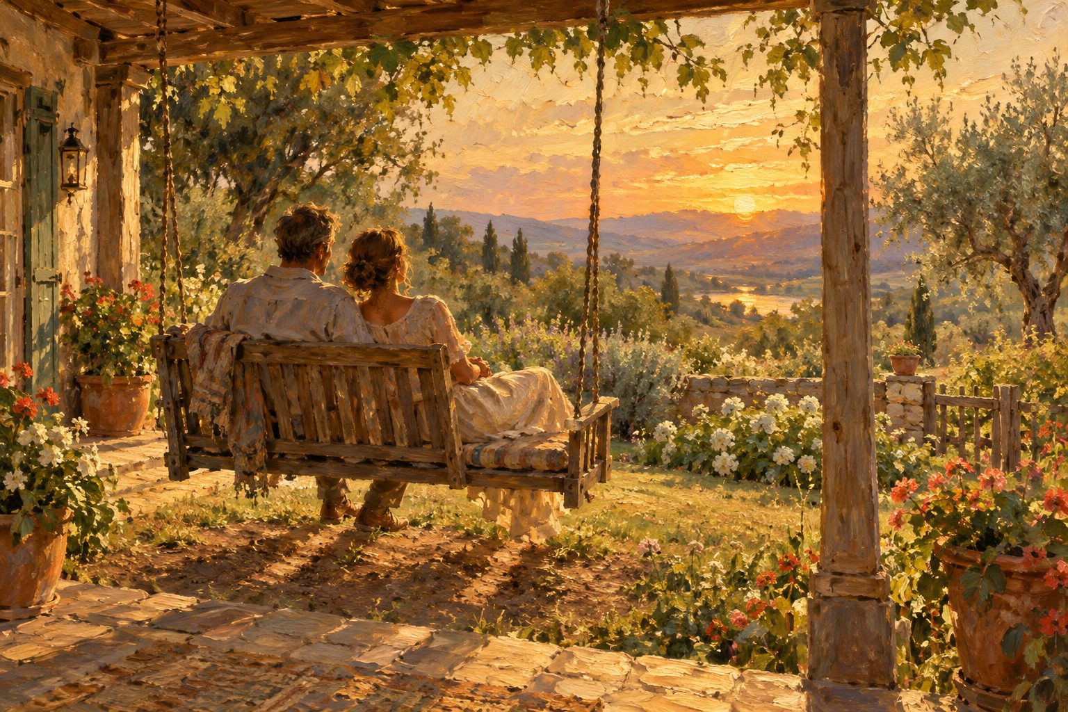 Pintura impresionista de una pareja en un columpio de portico, ilustracion de como saber si una relacion es sana