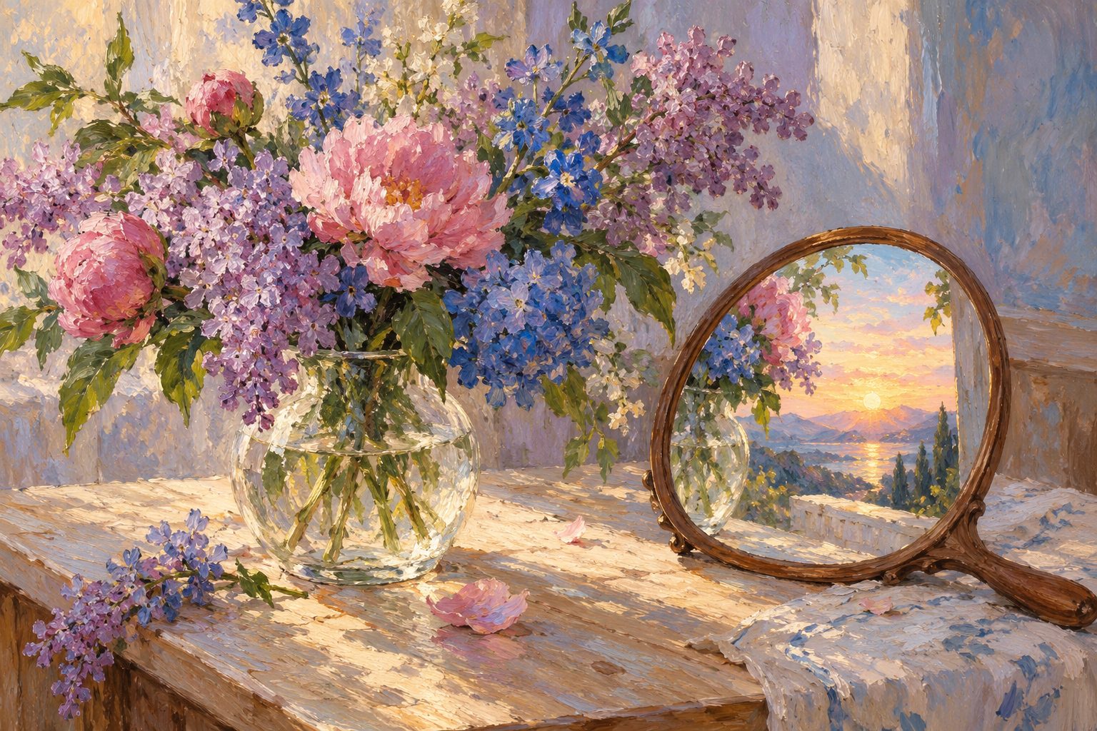 Pintura impresionista de flores rosas, lavandas y azules reflejadas en un espejo, ilustracion de como saber si soy bisexual