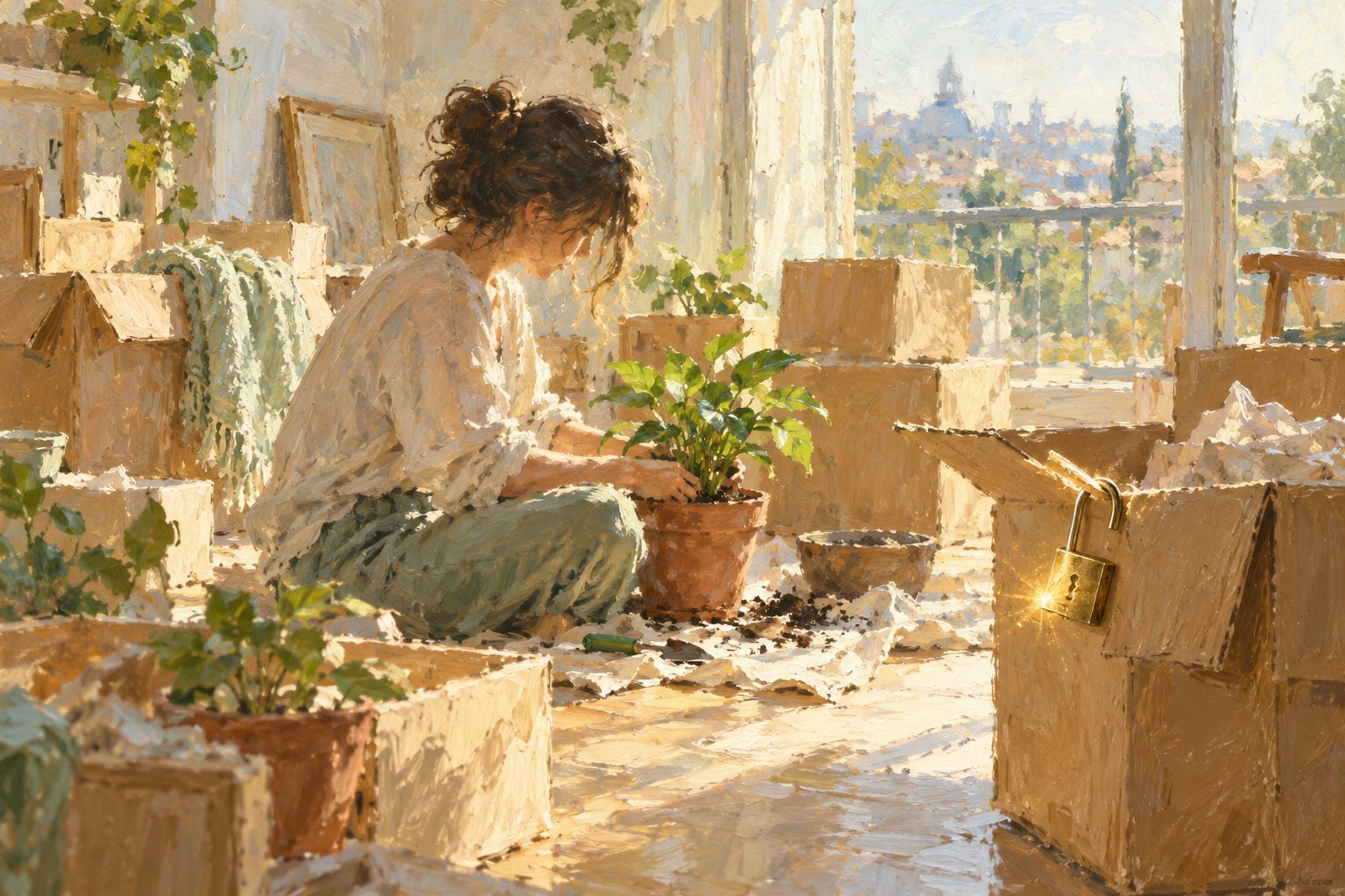 Pintura impresionista de una persona plantando una planta en un departamento nuevo, cómo salir de una dependencia emocional sin volver