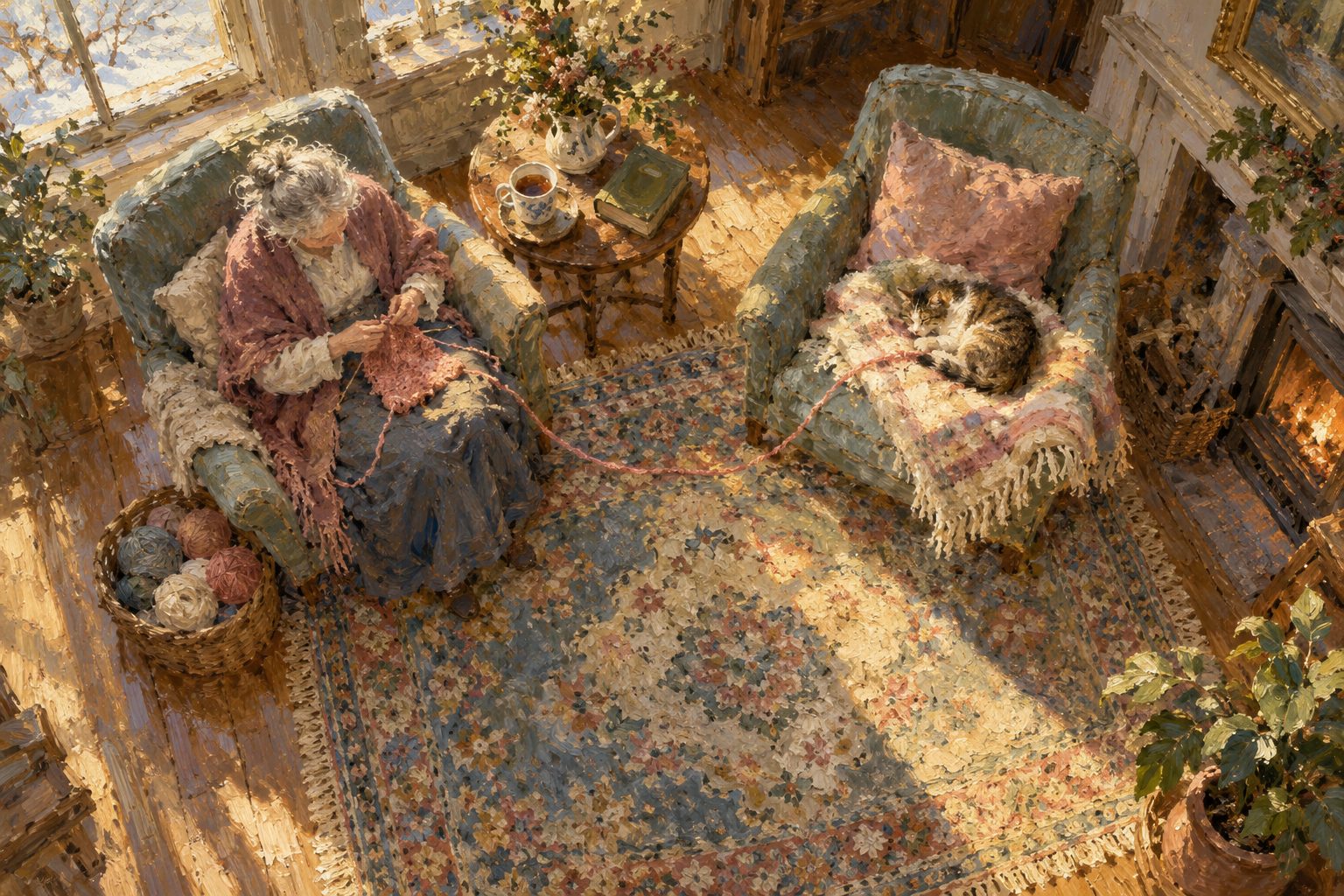 Pintura impresionista de una mujer mayor tejiendo junto a un sillón vacío, ilustración de cómo superar la muerte de tu pareja