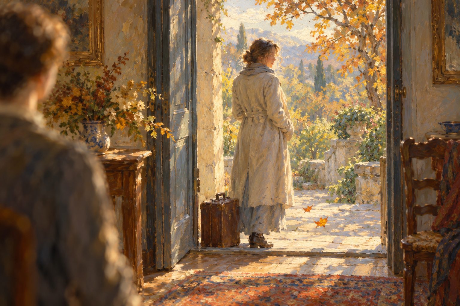 Pintura impresionista de una persona en el umbral de una casa al otoño, ilustración de cómo terminar una relación sin hacer daño