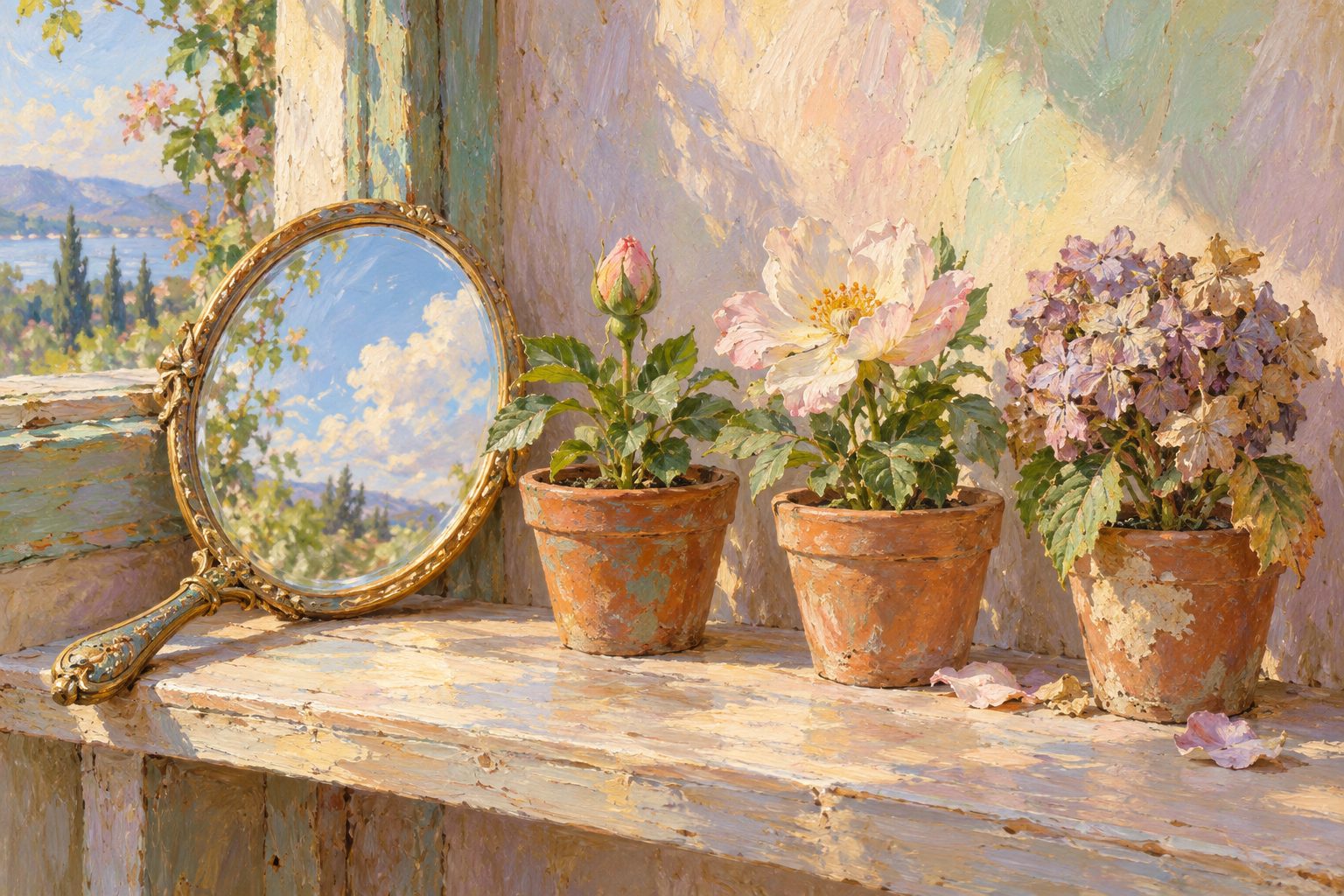 Pintura impresionista de un espejo de mano y tres flores distintas, comparación social en redes y bienestar