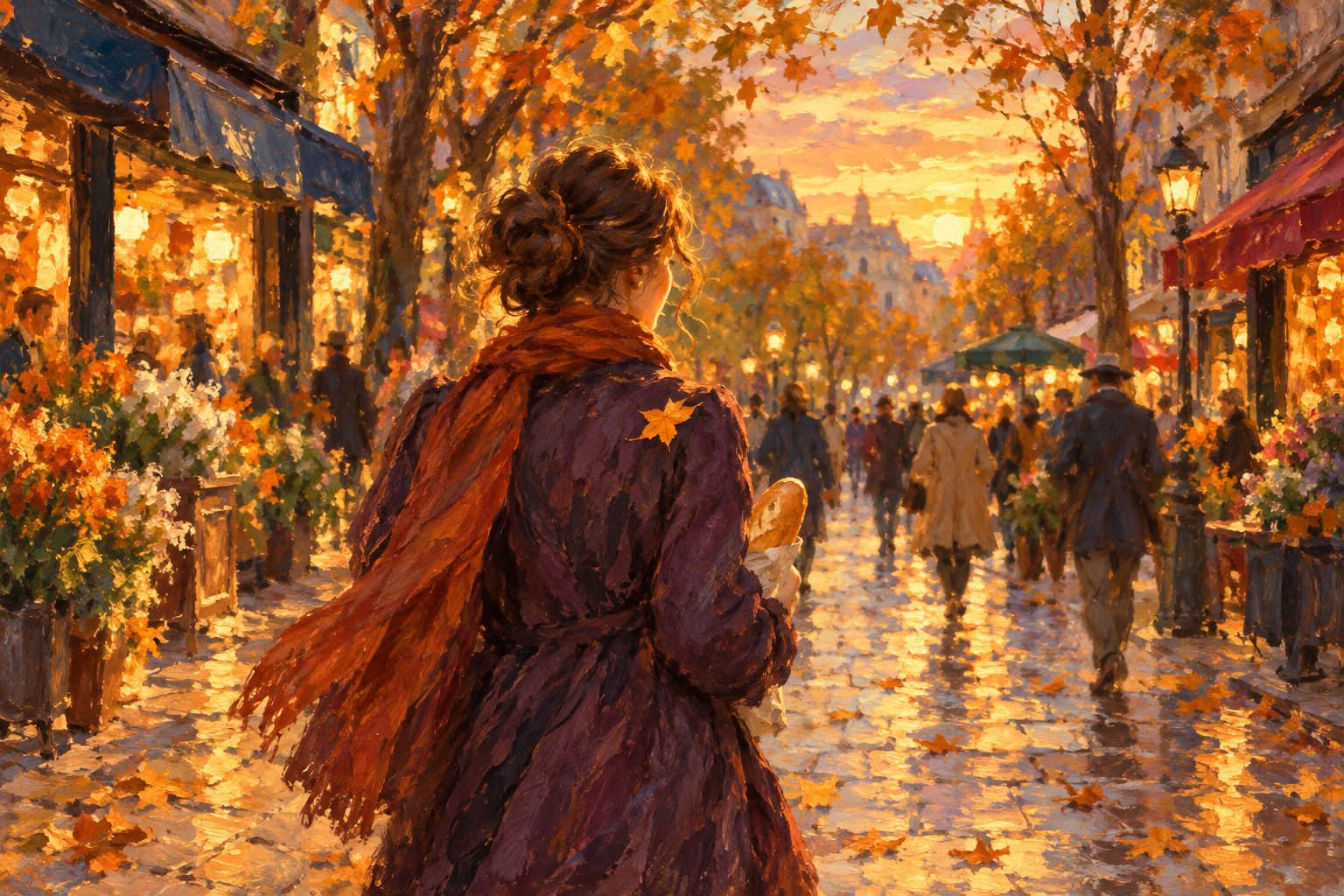 Pintura impresionista de una mujer paseando por una calle comercial en otoño, ilustración del test de compra compulsiva
