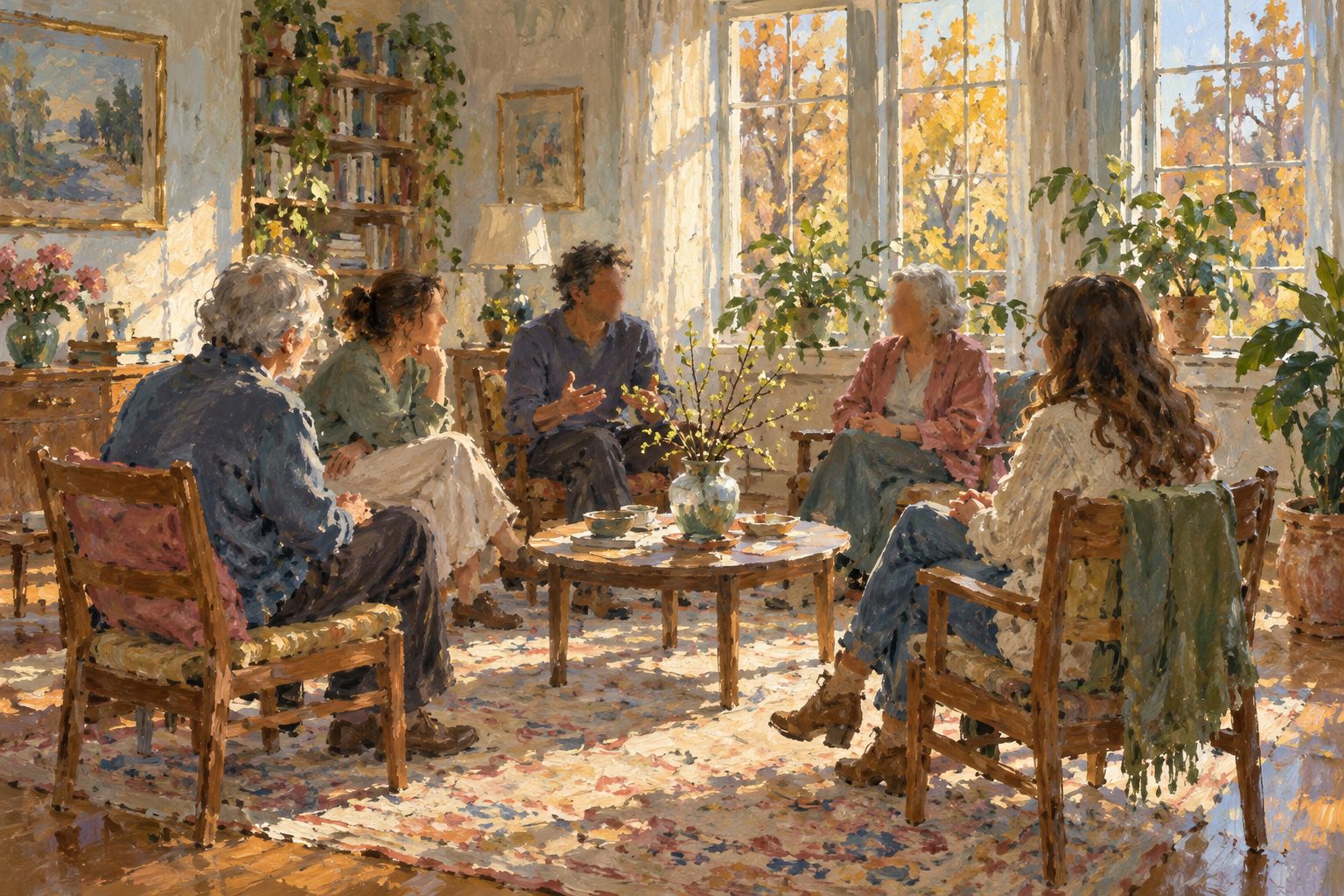 Pintura impresionista de un grupo conversando en círculo en una sala luminosa, ilustración sobre conductas repetitivas centradas en el cuerpo (BFRB)