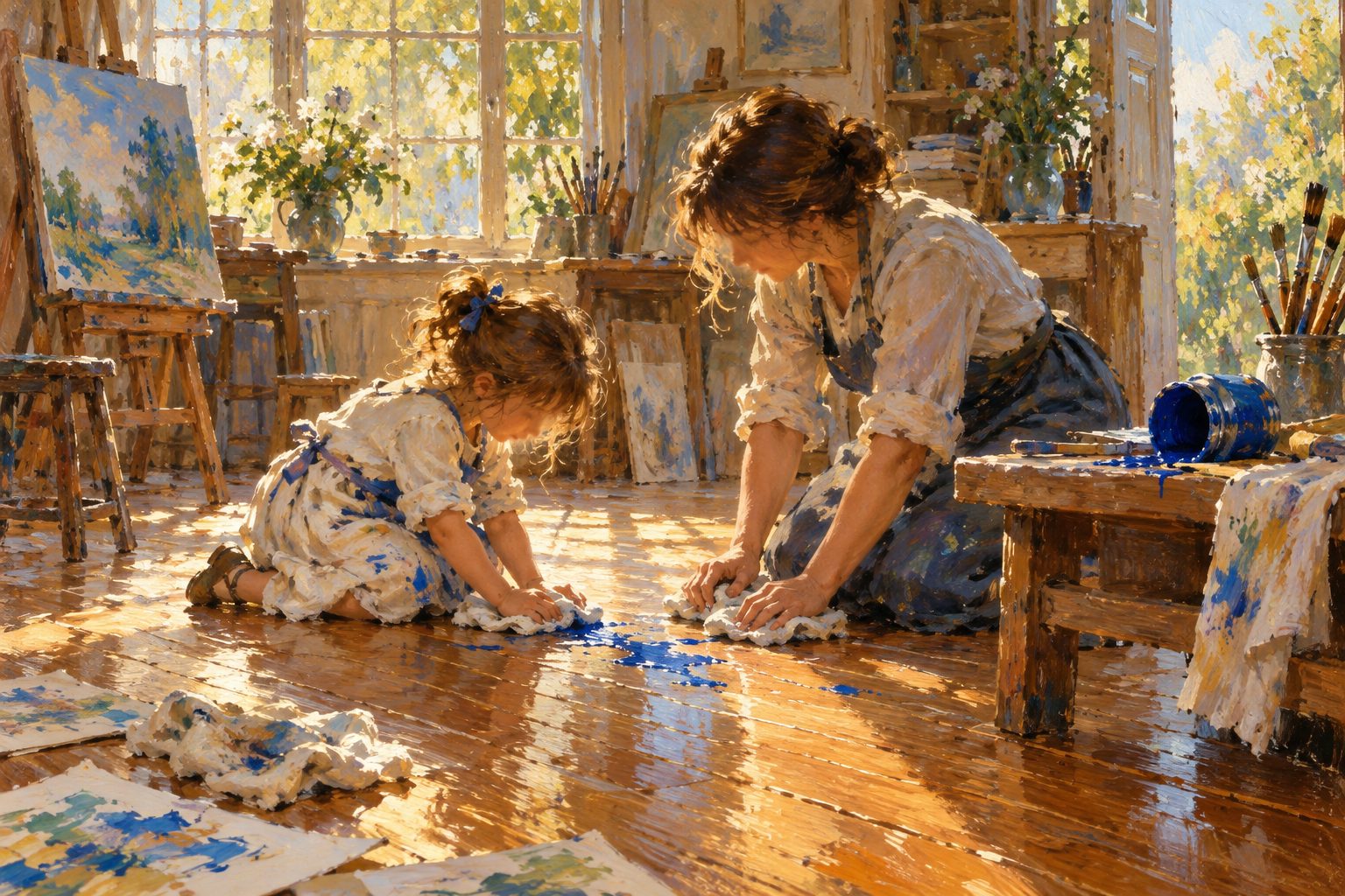 Pintura impresionista de una niña y un adulto limpiando juntos un charco de pintura, ilustración de consecuencias lógicas o castigos