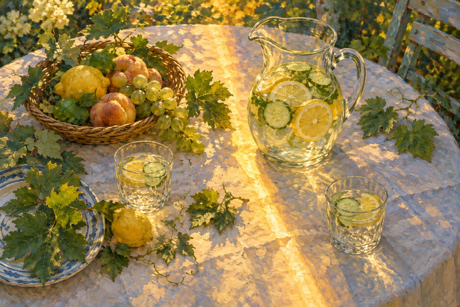 Pintura impresionista de una mesa de jardin con jarra de agua y limon, ilustracion del consumo social o problematico de alcohol