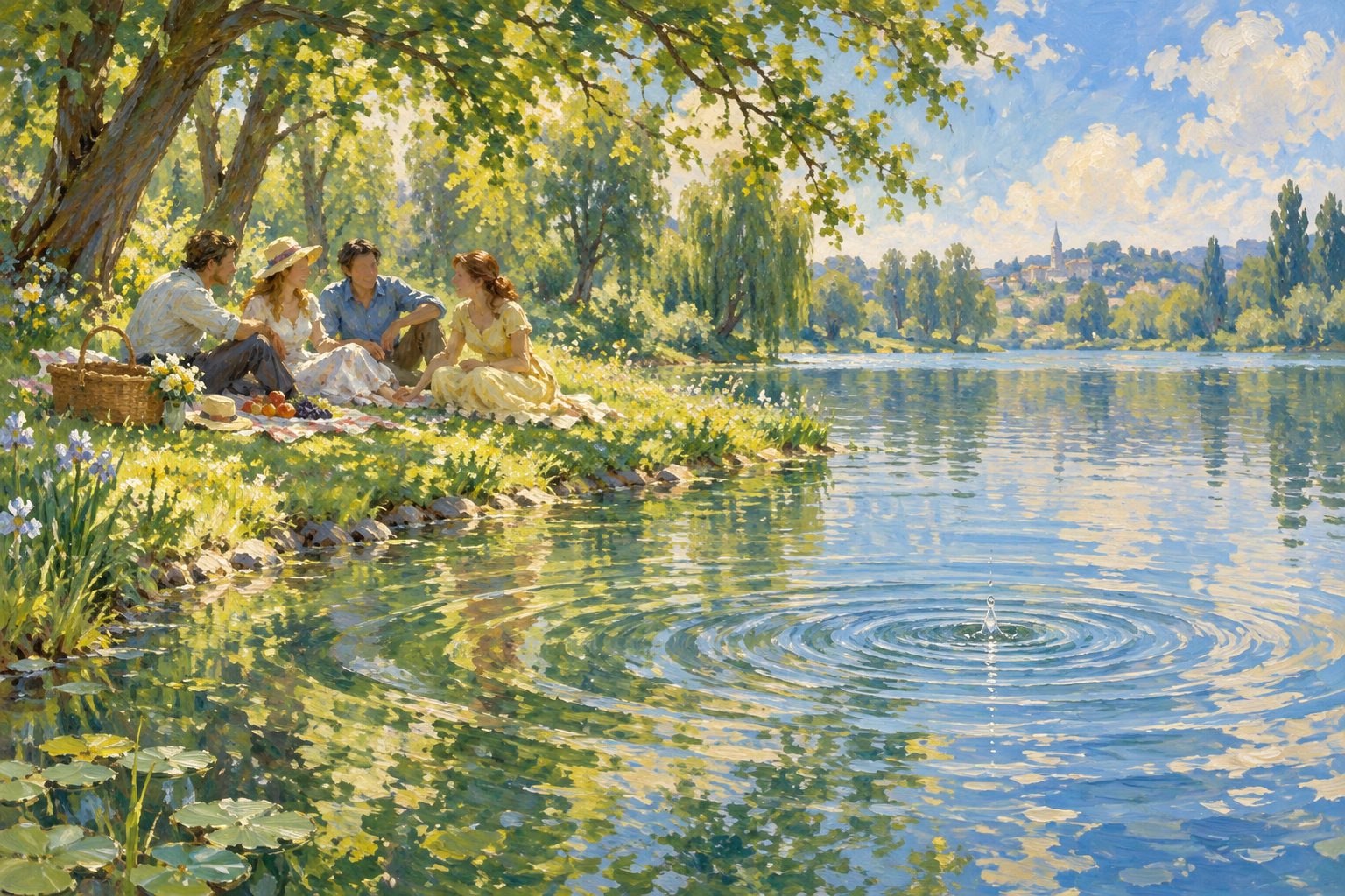 Pintura impresionista de amigos riendo en un picnic junto a un estanque, ilustracion del contagio emocional