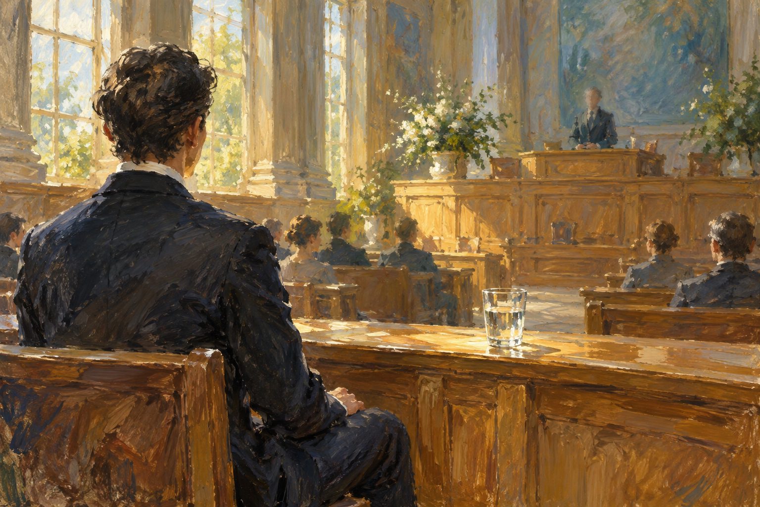 Pintura impresionista de una persona sentada ante un estrado, contrainterrogatorio de un perito psicólogo