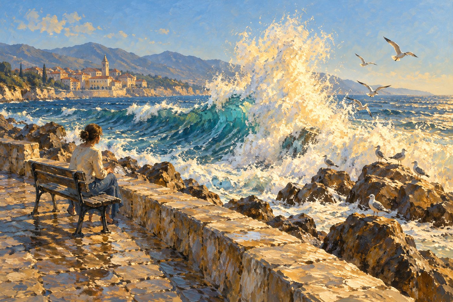 Pintura impresionista de una persona frente a una ola que se deshace, ilustración del craving