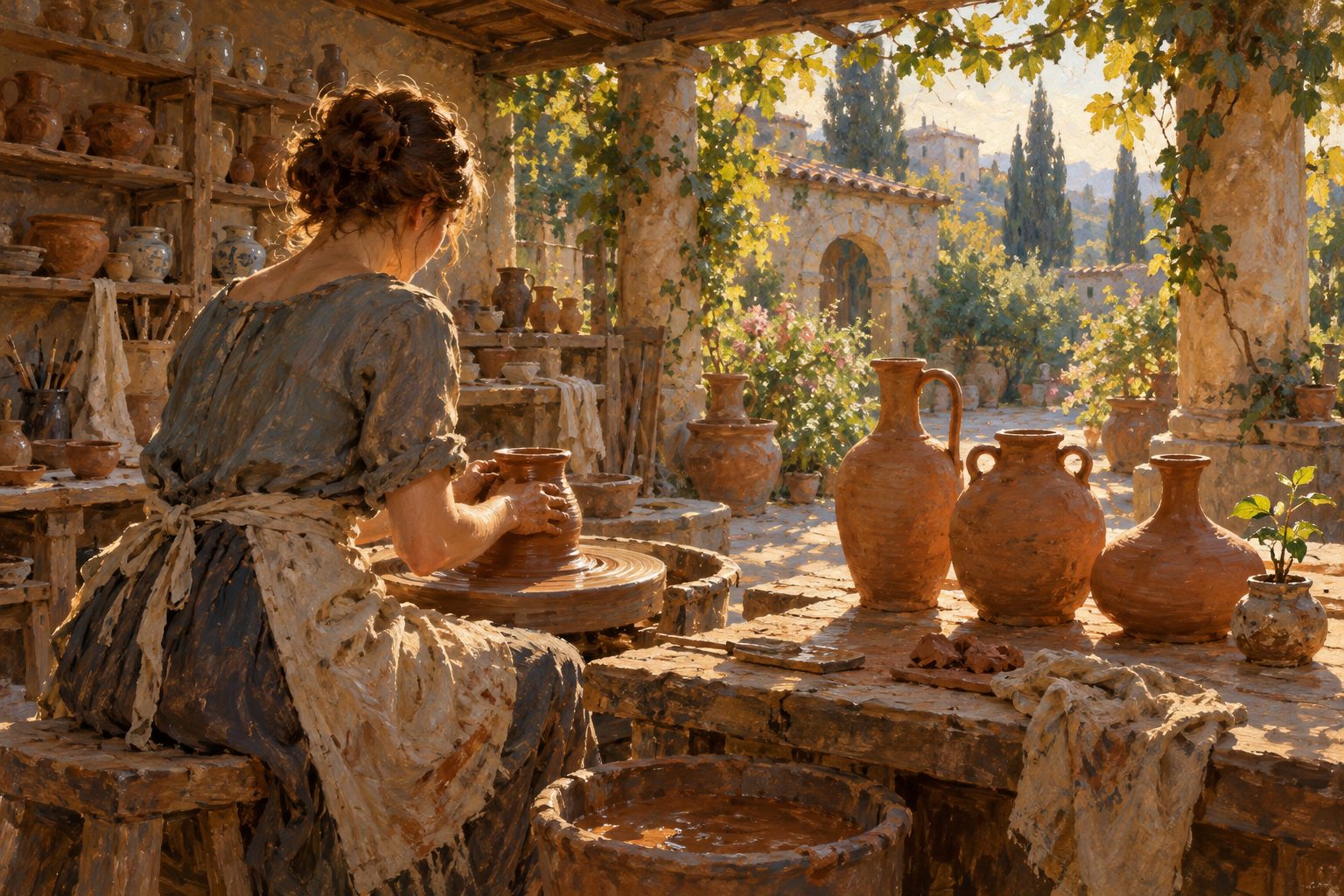 Pintura impresionista de una alfarera trabajando en el torno junto a tres jarras distintas, ilustración de cómo se mide la creatividad