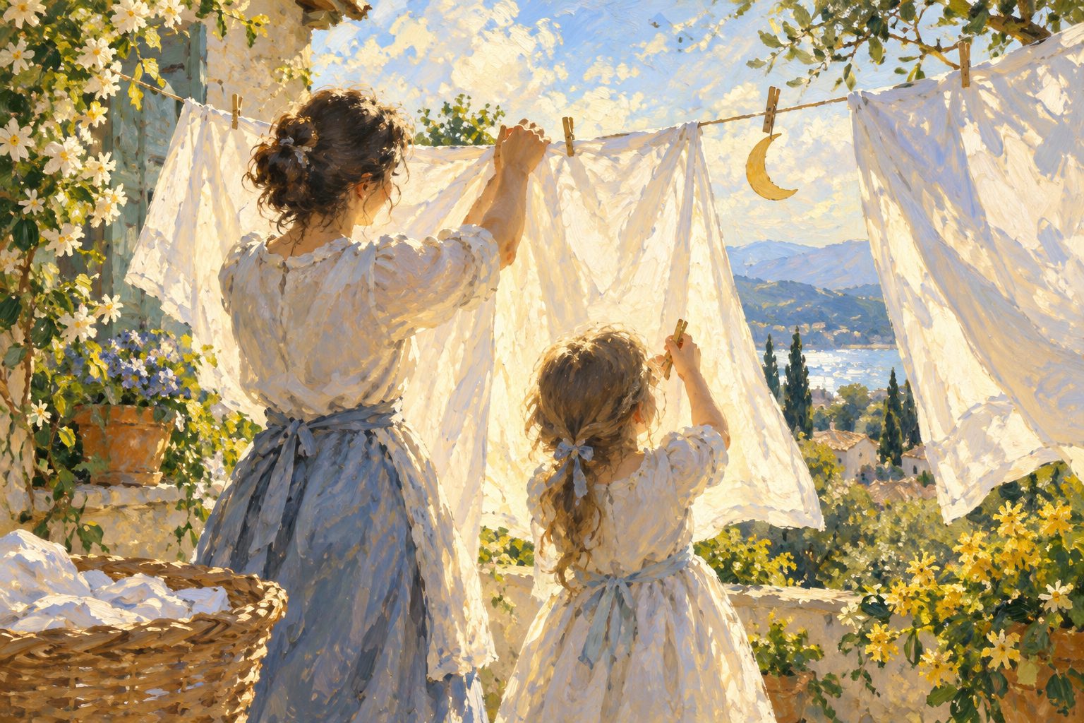 Pintura impresionista de una madre y su hijo tendiendo sábanas limpias al sol, ilustración de cuándo consultar por enuresis