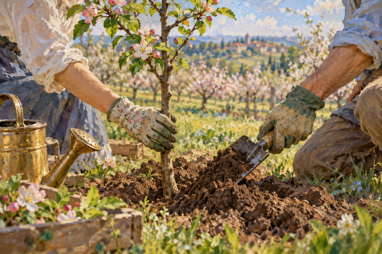 Pintura impresionista de dos pares de manos plantando un manzano joven, ilustración sobre cuánto dura el enamoramiento