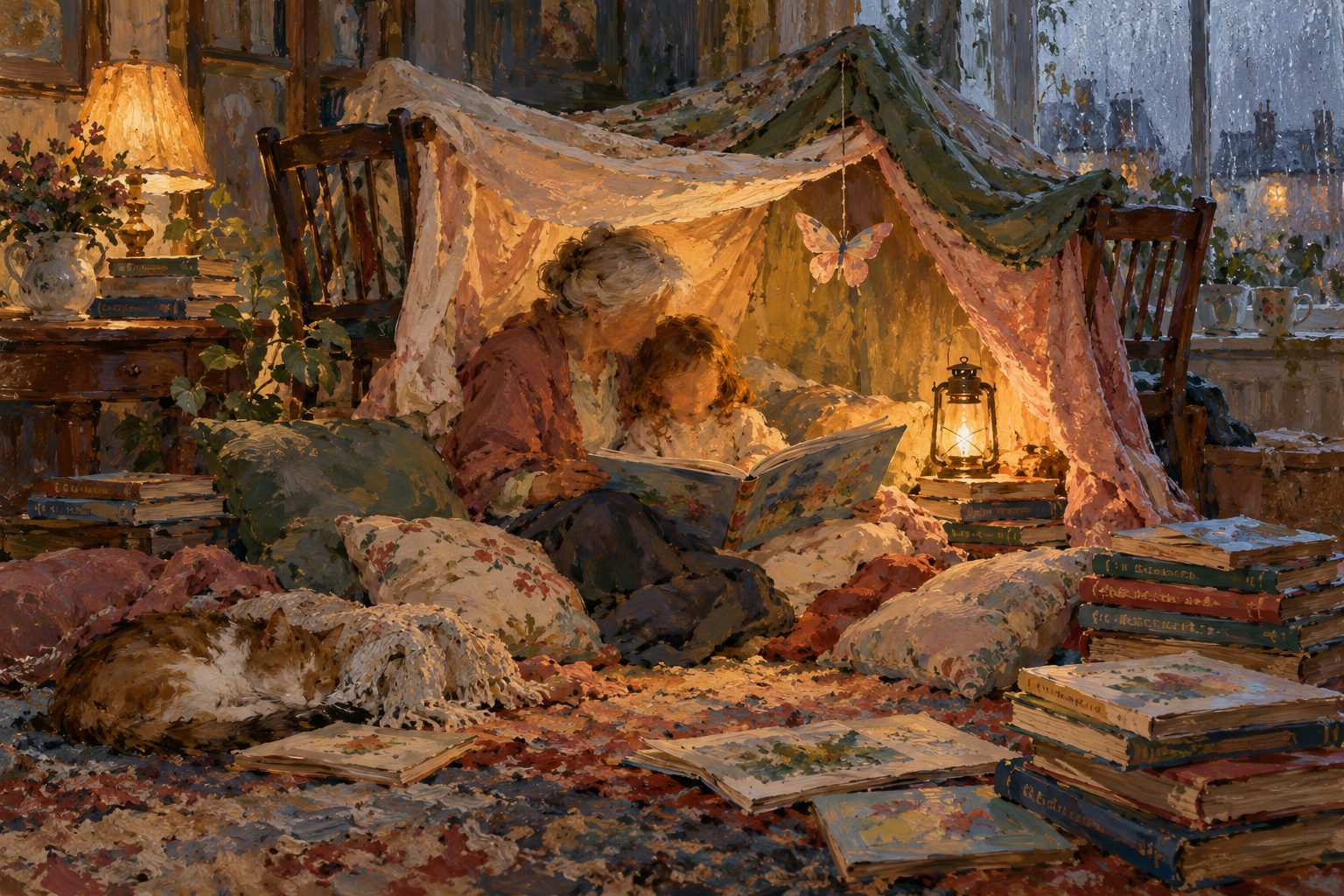 Pintura impresionista de una abuela y una niña leyendo un libro en una carpa de mantas, ilustración de cuentos para explicar la muerte a un niño