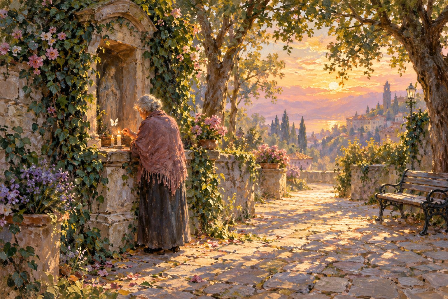 Pintura impresionista de una persona mayor encendiendo una vela en un nicho de plaza, ilustración de la culpa del superviviente