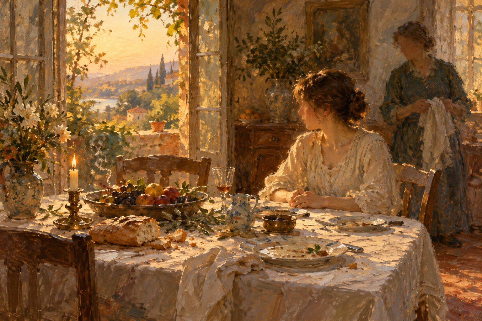 Pintura impresionista de una sobremesa familiar con una vela que se apaga, ilustración sobre la culpa después de comer