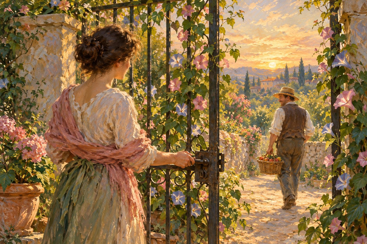Pintura impresionista de una mujer cerrando con calma el portón de su jardín, ilustración de la culpa por poner límites