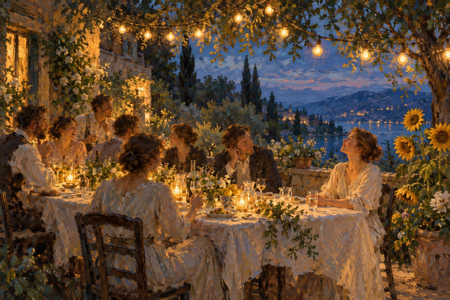 Pintura impresionista de una cena al aire libre con una persona apartada, ilustración de la depresión sonriente