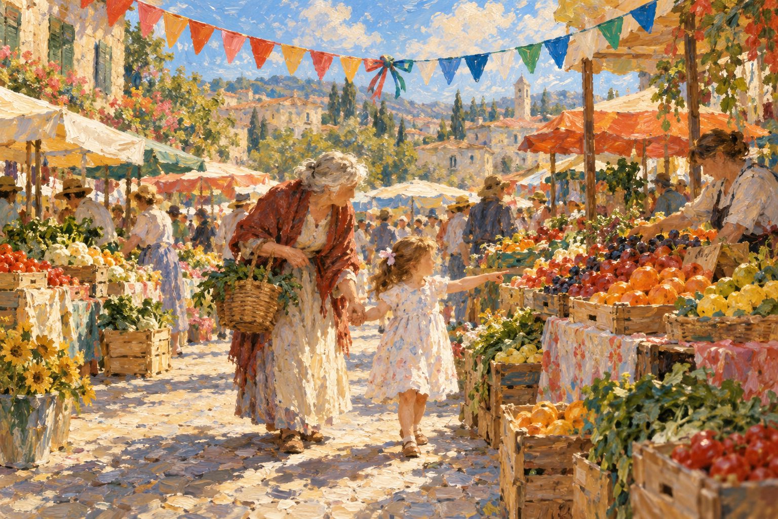 Pintura impresionista de una abuela y una niña en un mercado, ilustración del desarrollo del lenguaje bilingüe