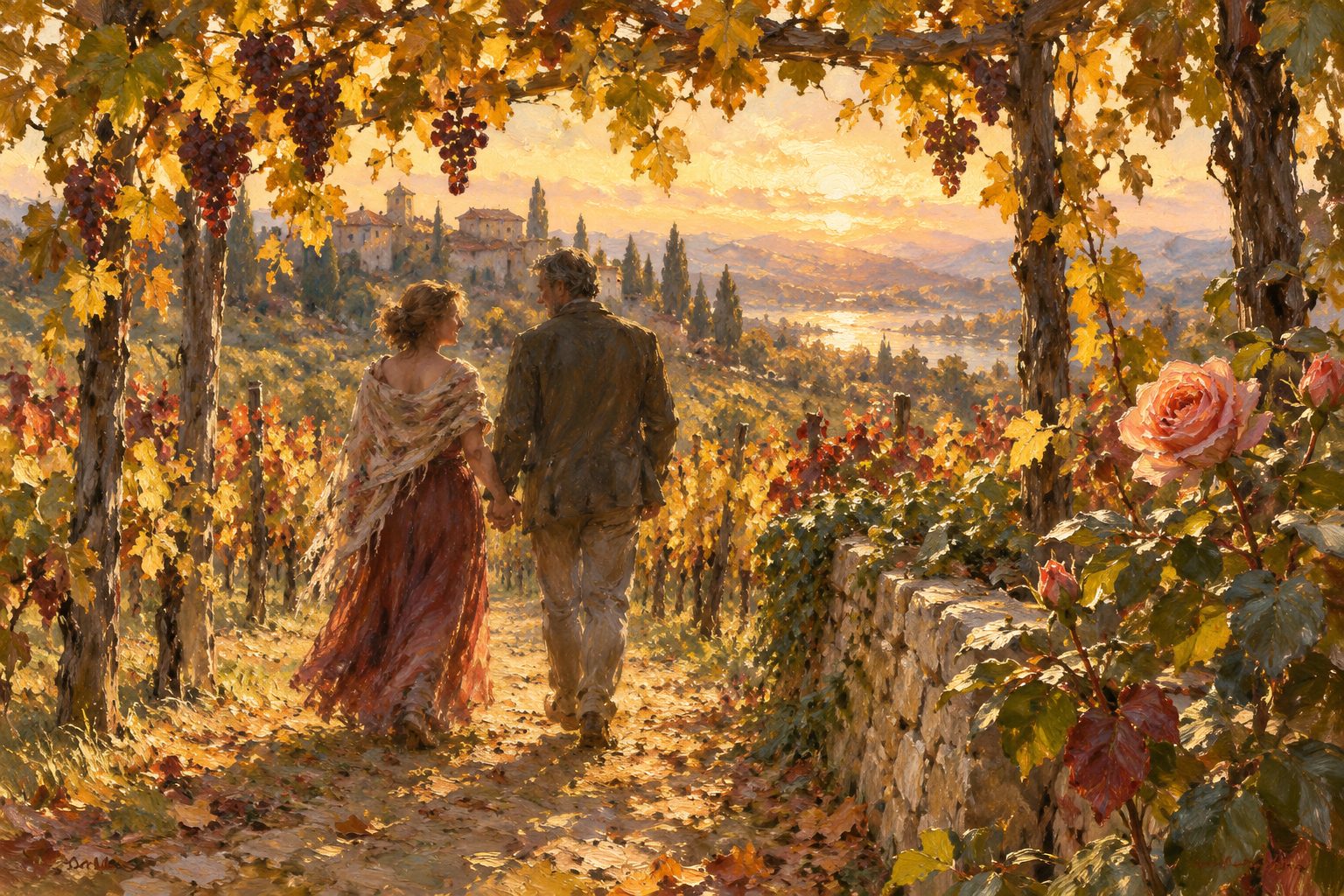 Pintura impresionista de una pareja caminando de la mano bajo un parral otoñal, ilustración del deseo sexual en la menopausia