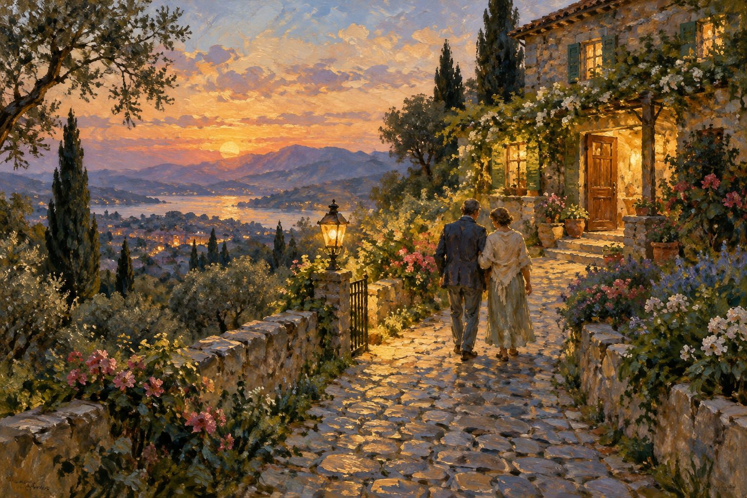 Pintura impresionista de dos personas caminando hacia una casa de piedra, detox en casa sin supervisión médica