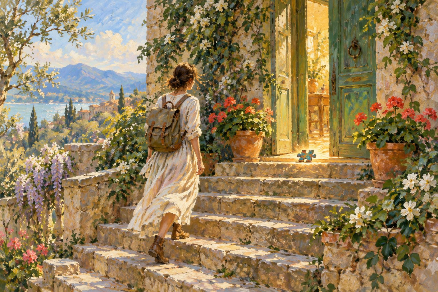 Pintura impresionista de una persona subiendo unos escalones hacia una puerta abierta, ilustración del diagnóstico de autismo en adultos