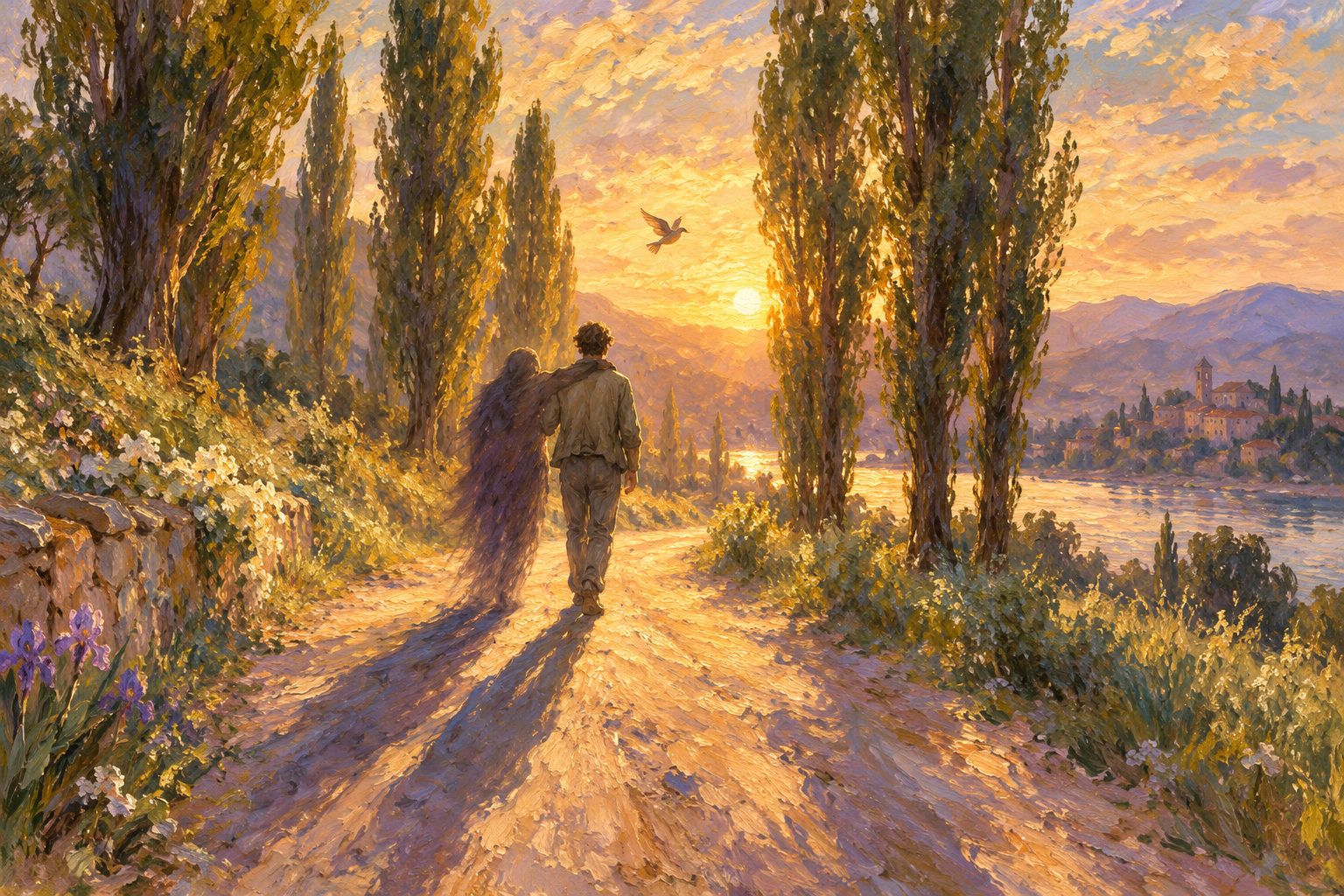 Pintura impresionista de una persona y su sombra en un camino de álamos, ilustración del diálogo interno negativo