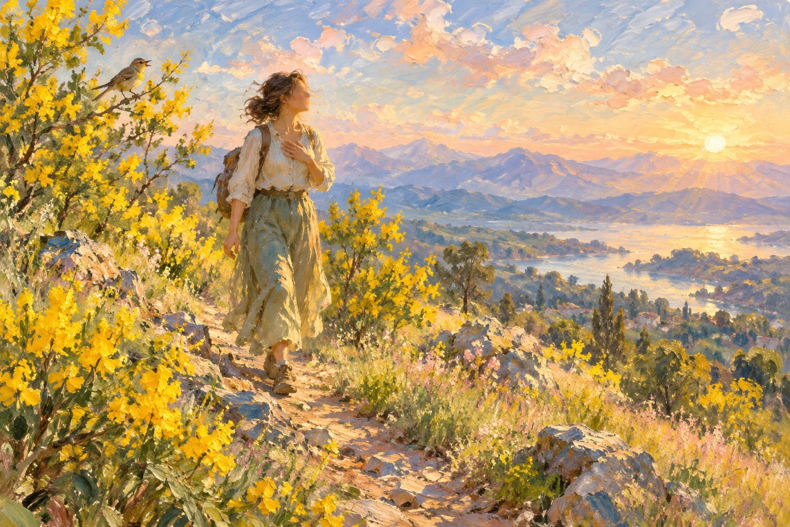 Pintura impresionista de una mujer caminando por un cerro entre aromos, ilustración del diálogo interno positivo