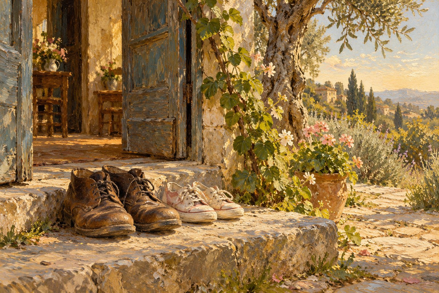 Pintura impresionista de dos pares de zapatos distintos en un umbral, ilustración de la diferencia de edad en la pareja