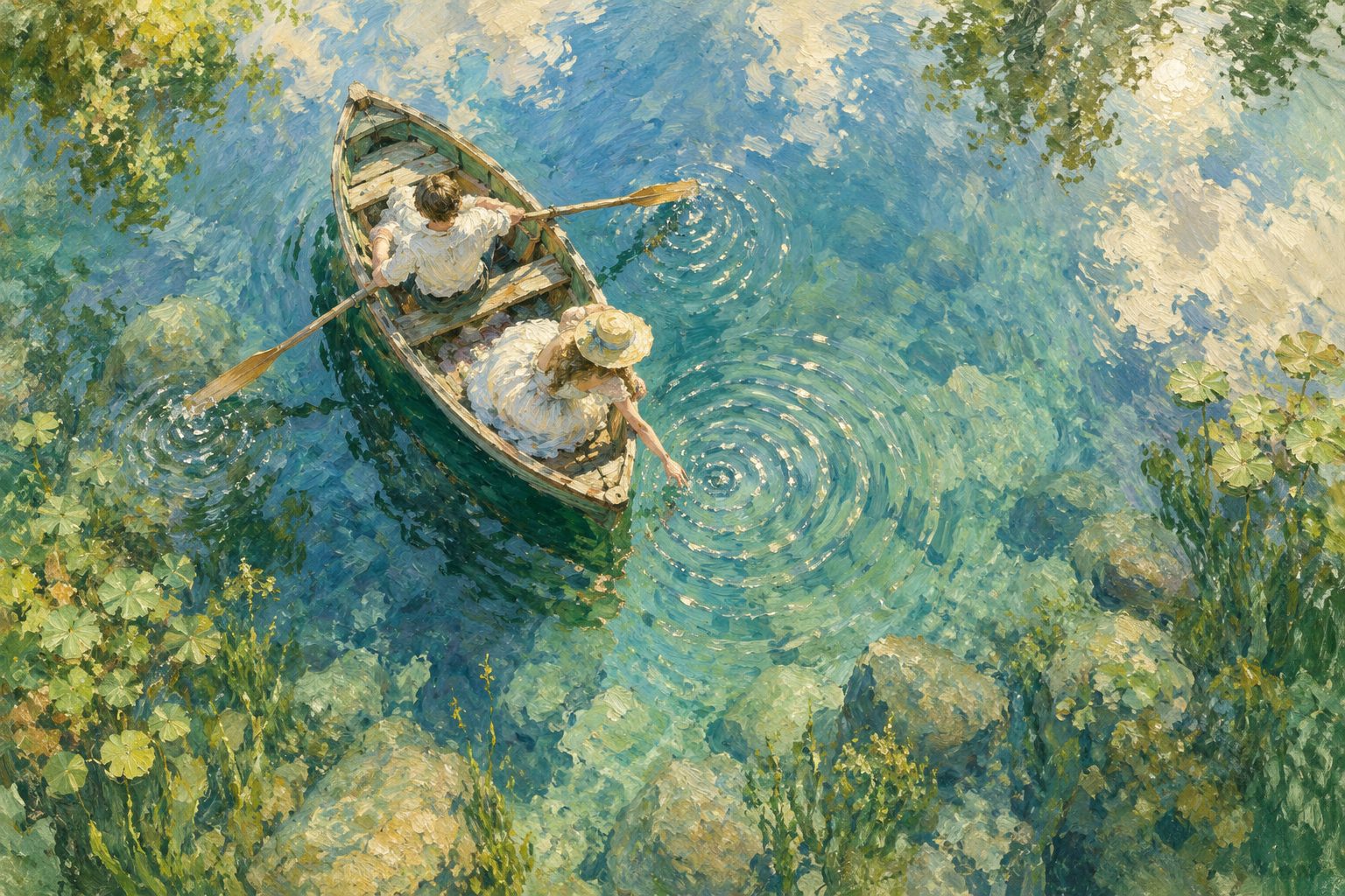 Pintura impresionista de una barca en un lago quieto con ondas, diferencia entre emoción y sentimiento