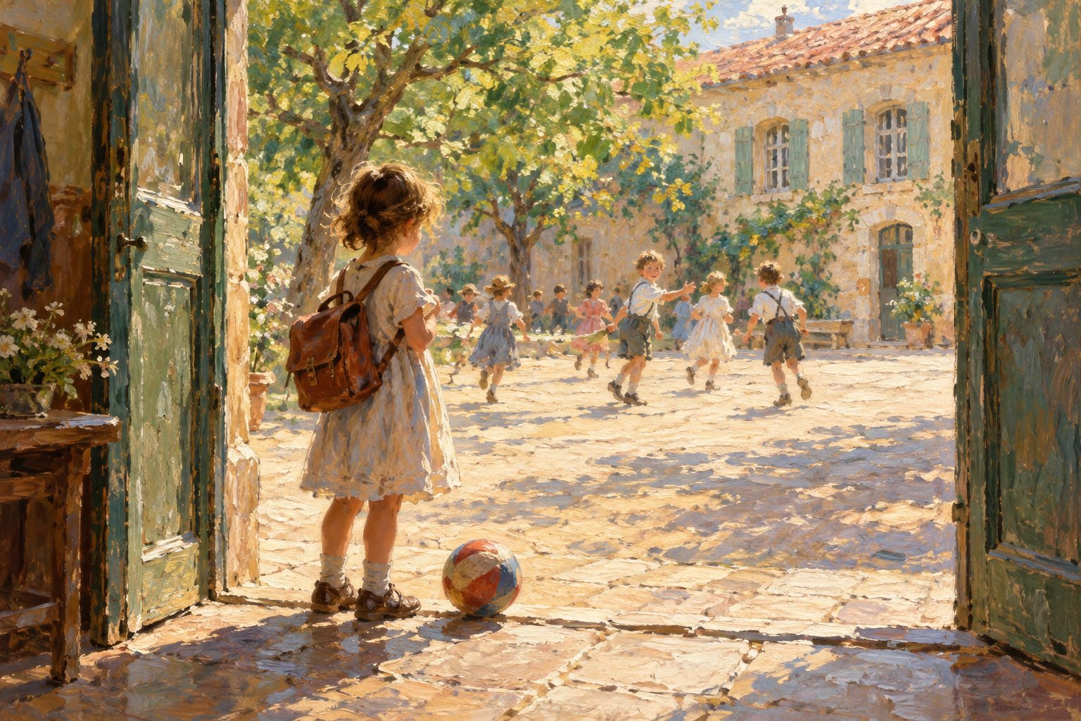 Pintura impresionista de un nino en el umbral del patio escolar, sobre timidez y ansiedad social infantil