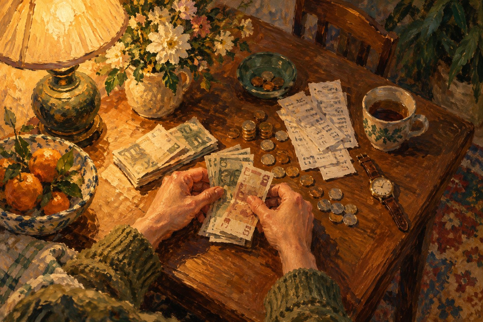 Pintura impresionista de manos ordenando dinero y boletas en una mesa, sobre discalculia en adultos