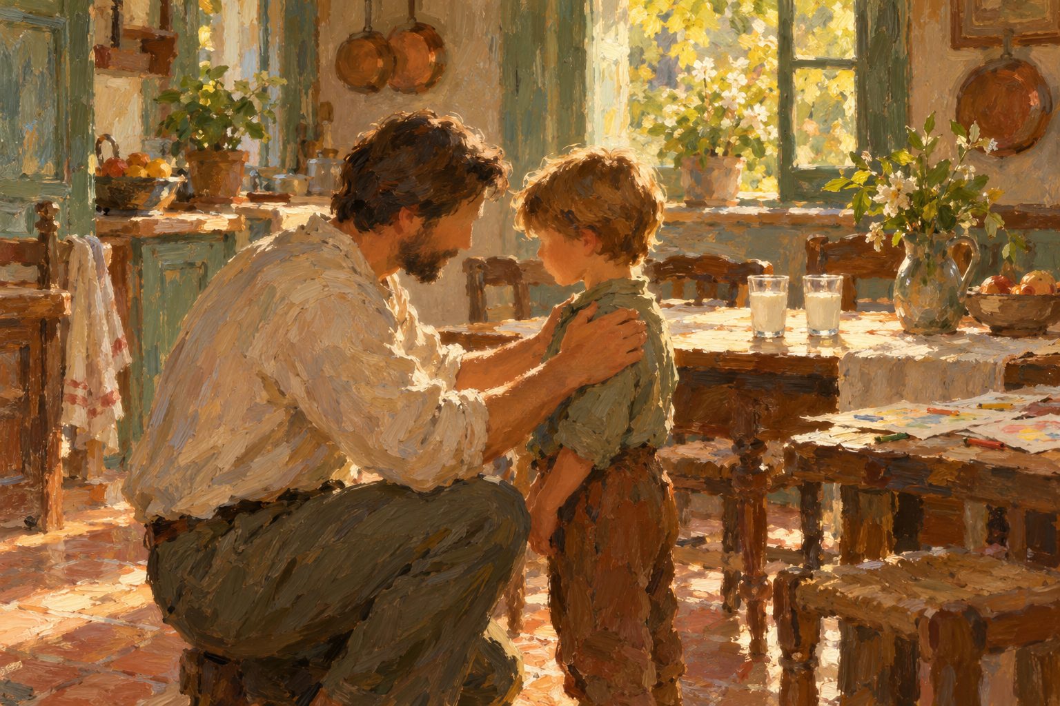 Pintura impresionista de un padre agachado a la altura de su hijo, sobre disciplina positiva basada en evidencia