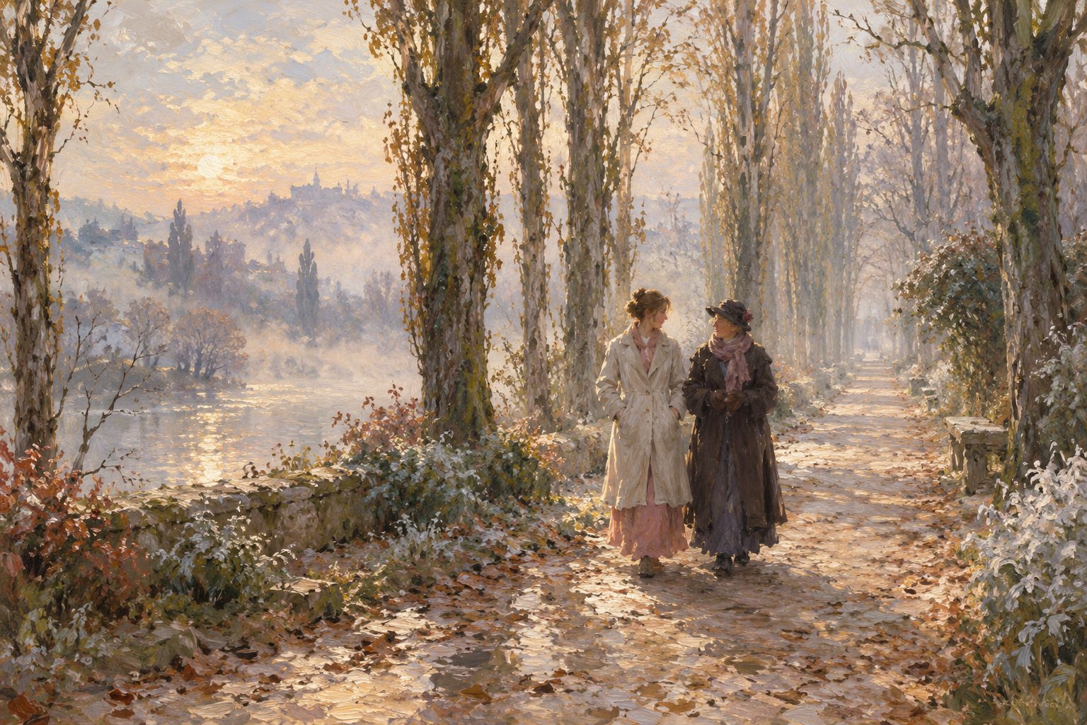 Pintura impresionista de dos personas conversando en un sendero con neblina, sobre dismorfia corporal y cirugía estética