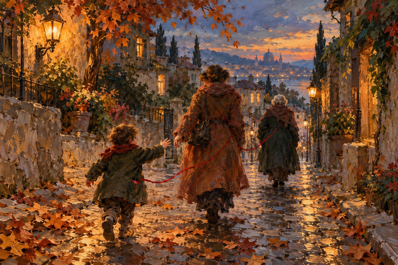 Pintura impresionista de tres generaciones caminando por una calle unidas por un hilo rojo, ilustración del distanciamiento emocional en la familia