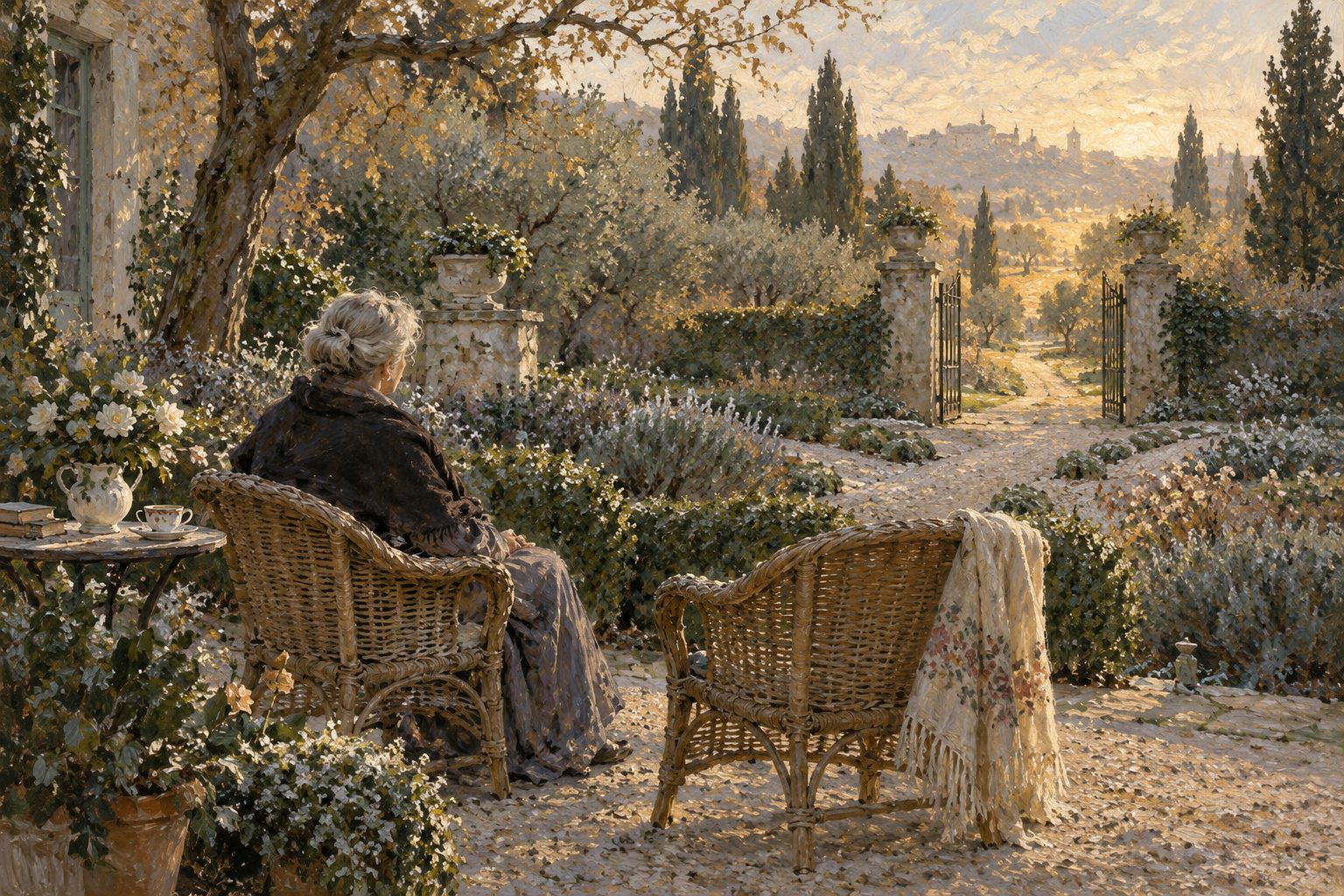 Pintura impresionista de una mujer mayor en un jardin junto a una silla vacia, ilustracion del distanciamiento familiar