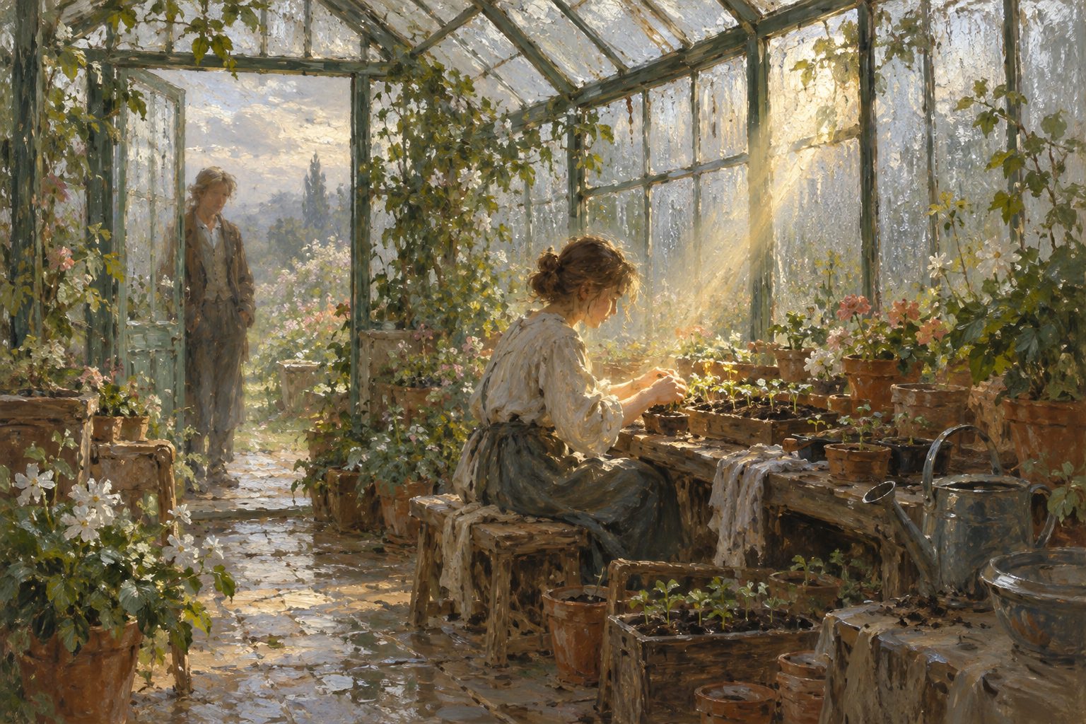 Pintura impresionista de un adolescente en un invernadero, ilustración de la distimia en la adolescencia