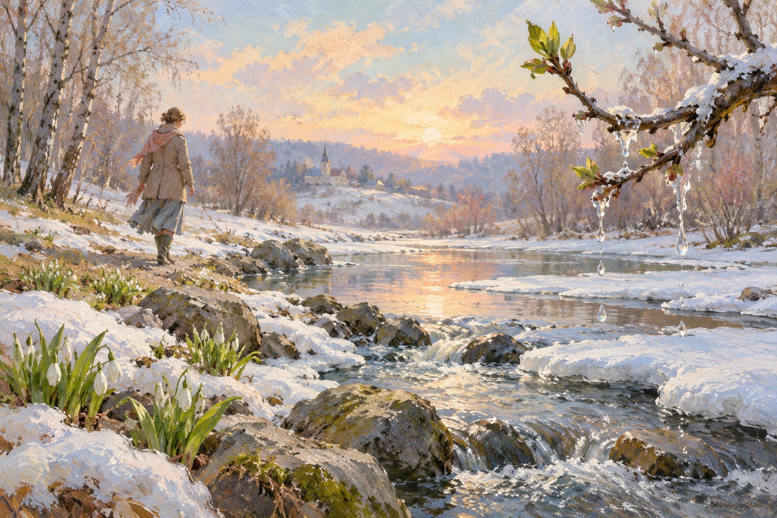 Pintura impresionista de una persona junto a un arroyo con el hielo derritiéndose, ilustración del duelo congelado