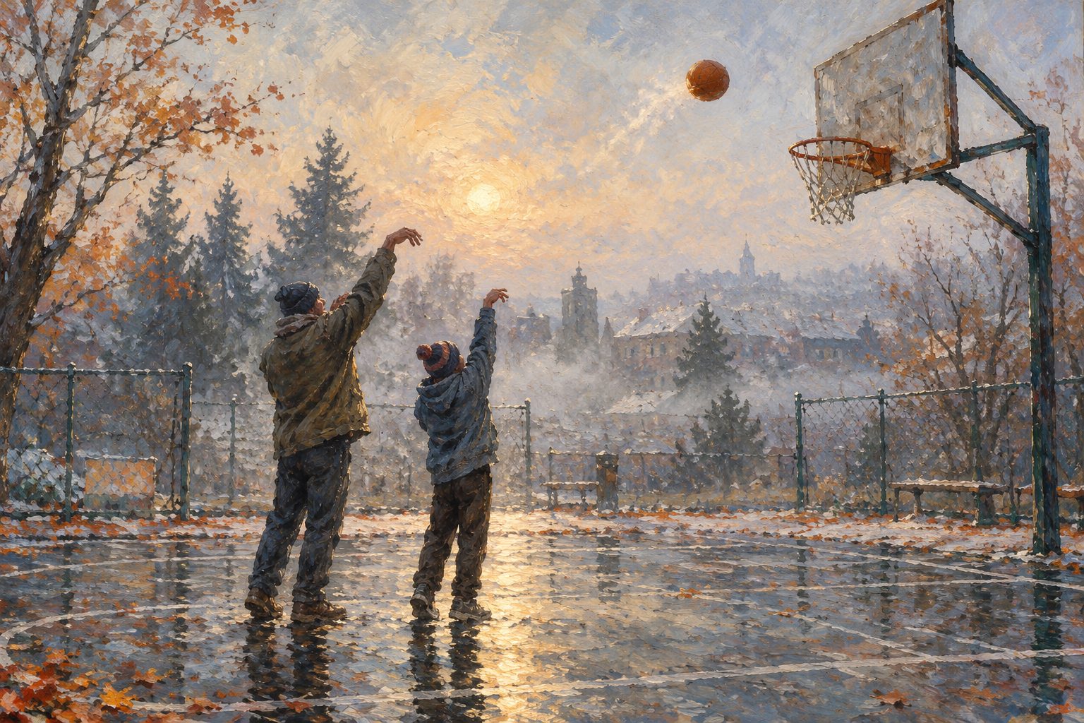 Pintura impresionista de un adolescente y un adulto lanzando un balón en una cancha, ilustración del duelo en adolescentes