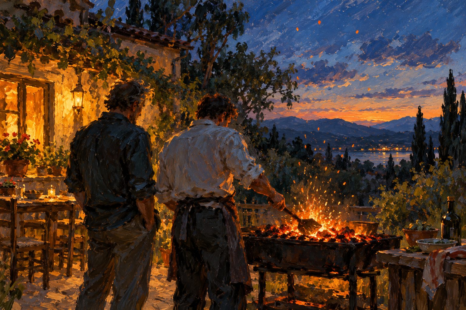Pintura impresionista de dos hombres junto a una parrilla al crepúsculo, ilustración del duelo en hombres y cómo acompañar