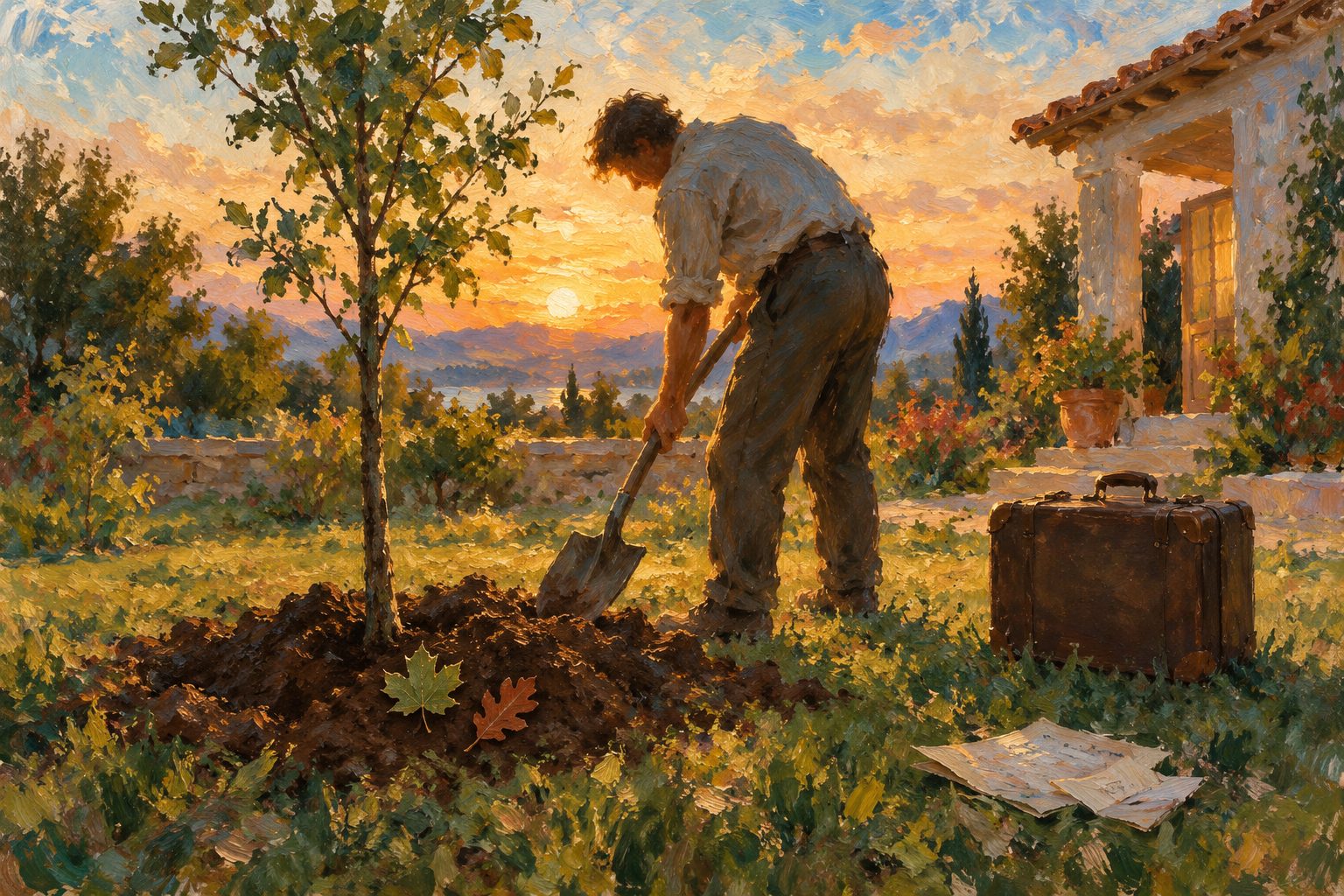 Pintura impresionista de una persona plantando un arbol en su nuevo hogar, ilustracion de duelo migratorio