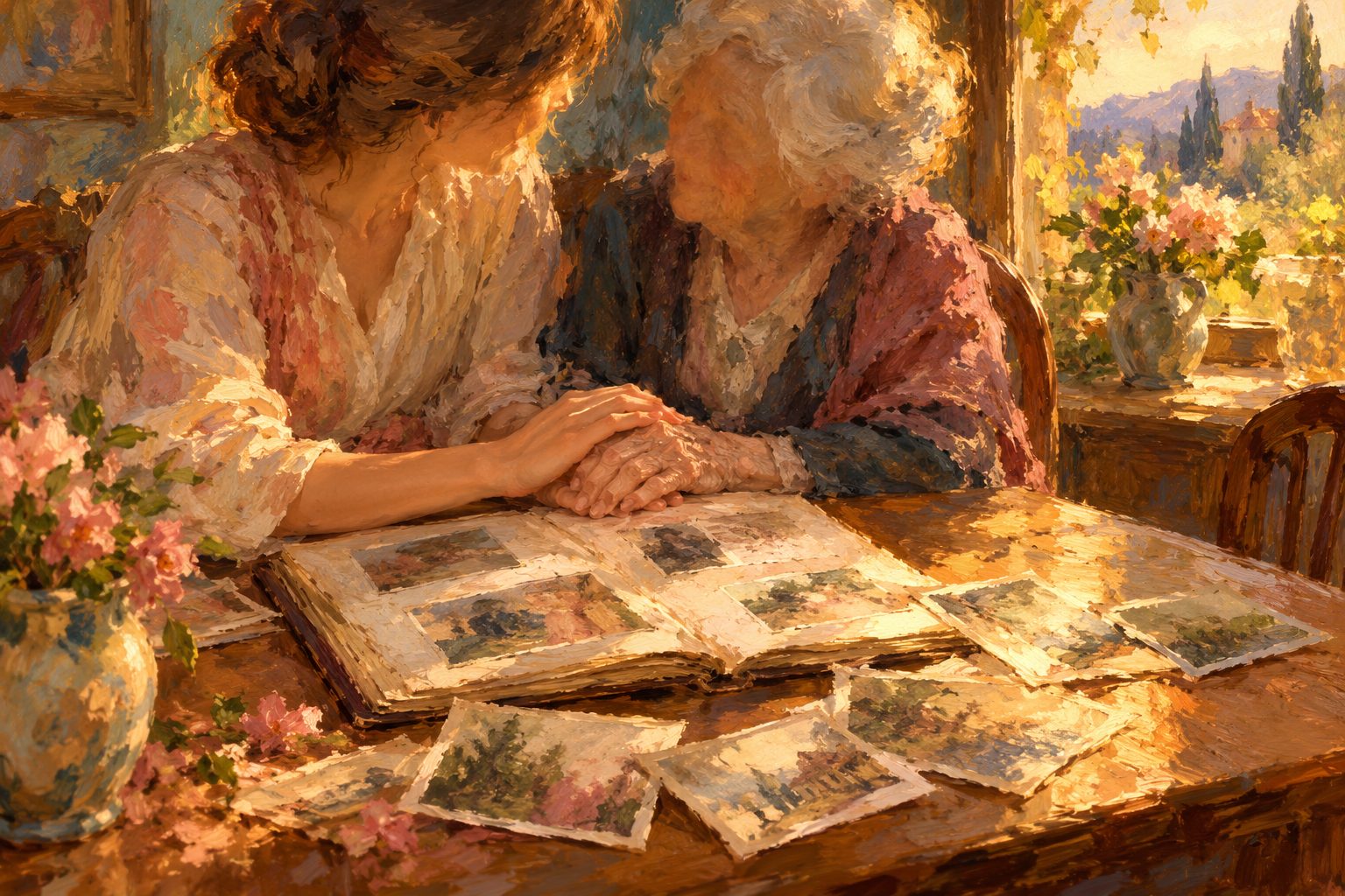 Pintura impresionista de manos de una hija y su madre mayor sobre fotografías antiguas, ilustración del duelo por Alzheimer