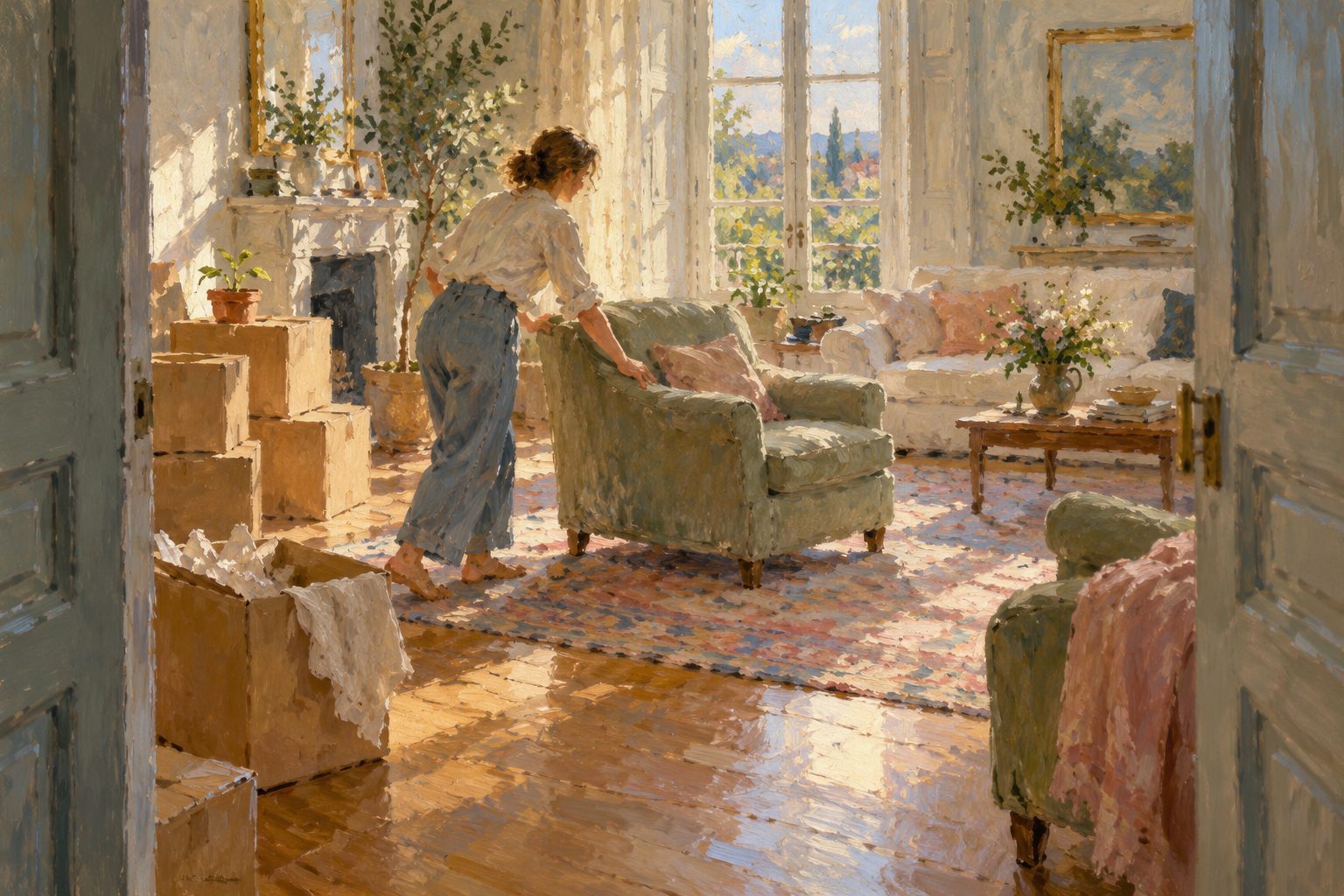 Pintura impresionista de una persona reacomodando su sala tras una mudanza, ilustración del duelo por divorcio