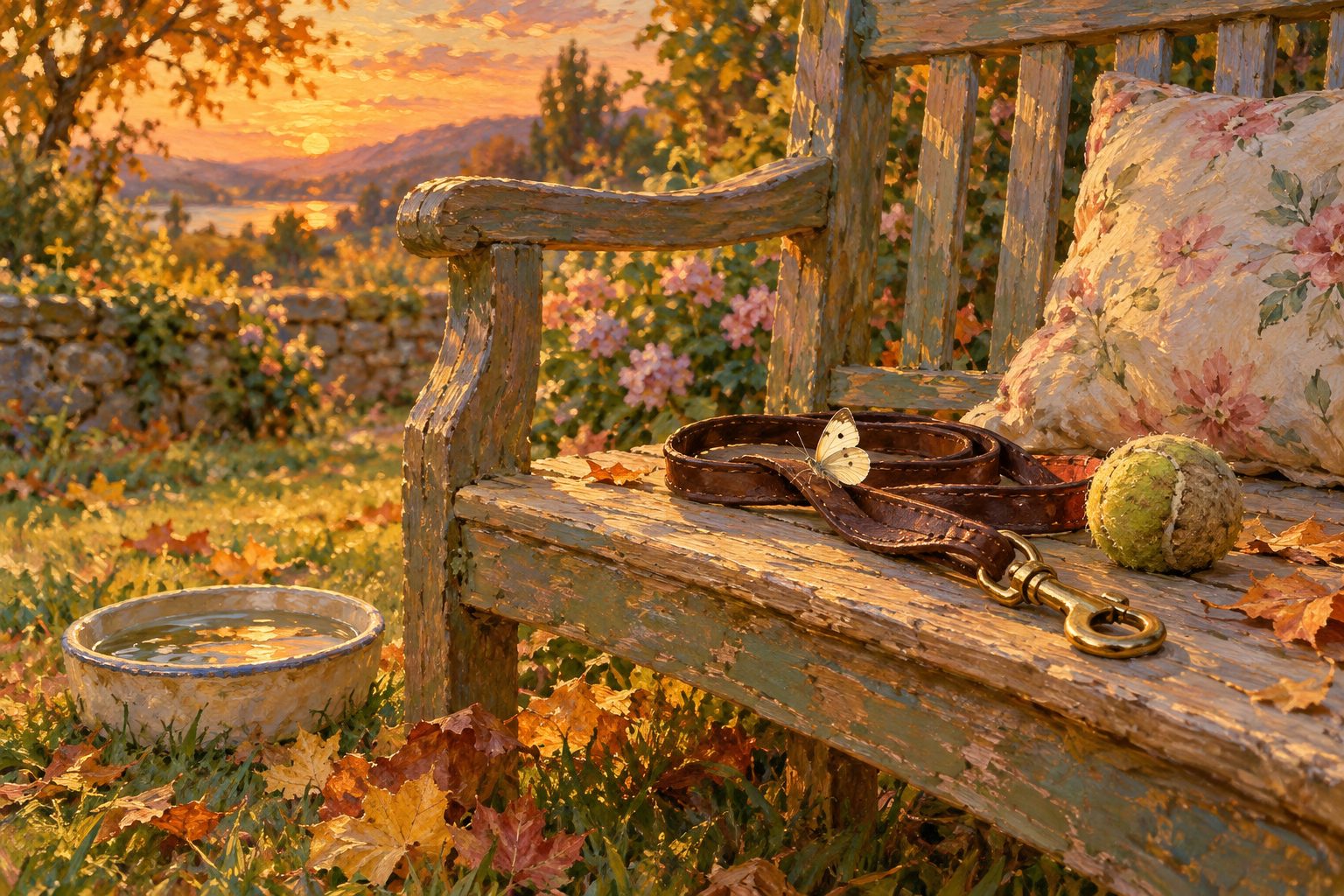 Pintura impresionista de una correa y una pelota sobre un banco de jardin, ilustracion del duelo por la muerte de una mascota