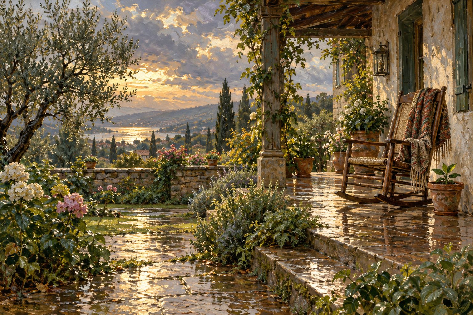 Pintura impresionista de una mecedora vacía en un porche tras la lluvia, ilustración del duelo traumático y cómo se elabora