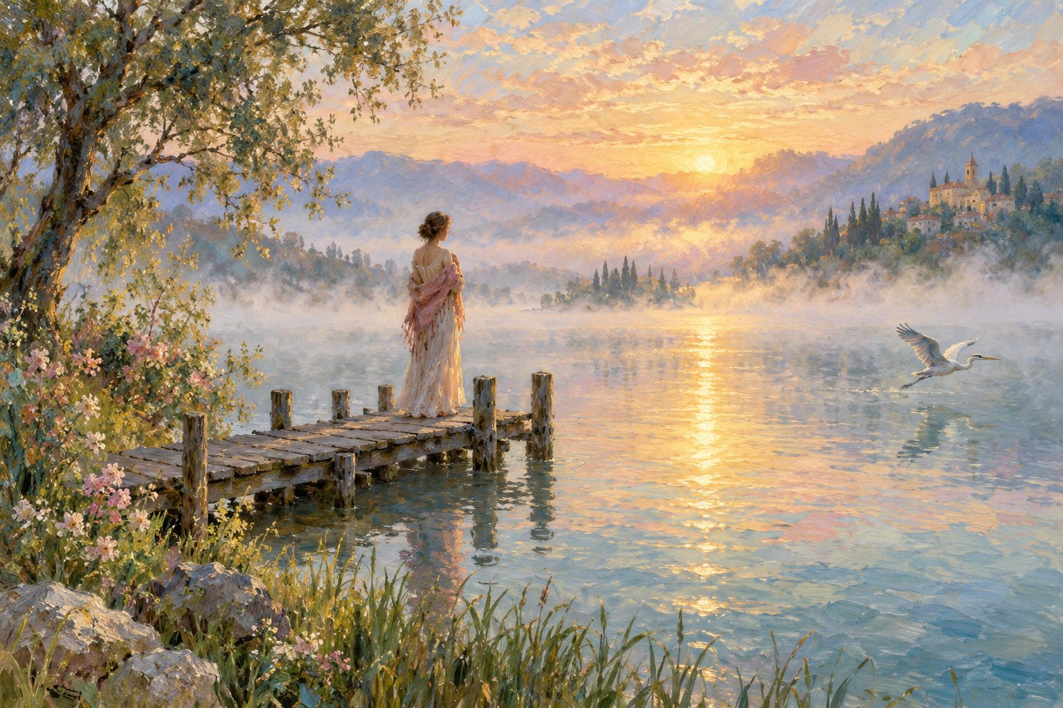 Pintura impresionista de una mujer en un muelle al amanecer con la bruma disipándose, ilustración de la ansiedad en el duelo