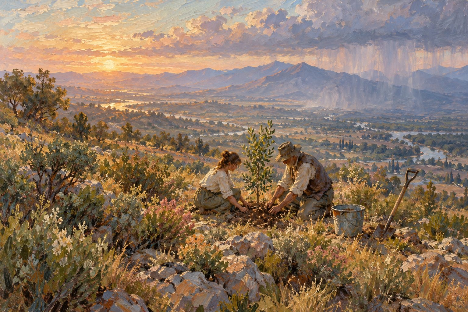 Pintura impresionista de una joven y un mayor plantando un árbol en un cerro, ilustración del test de ecoansiedad
