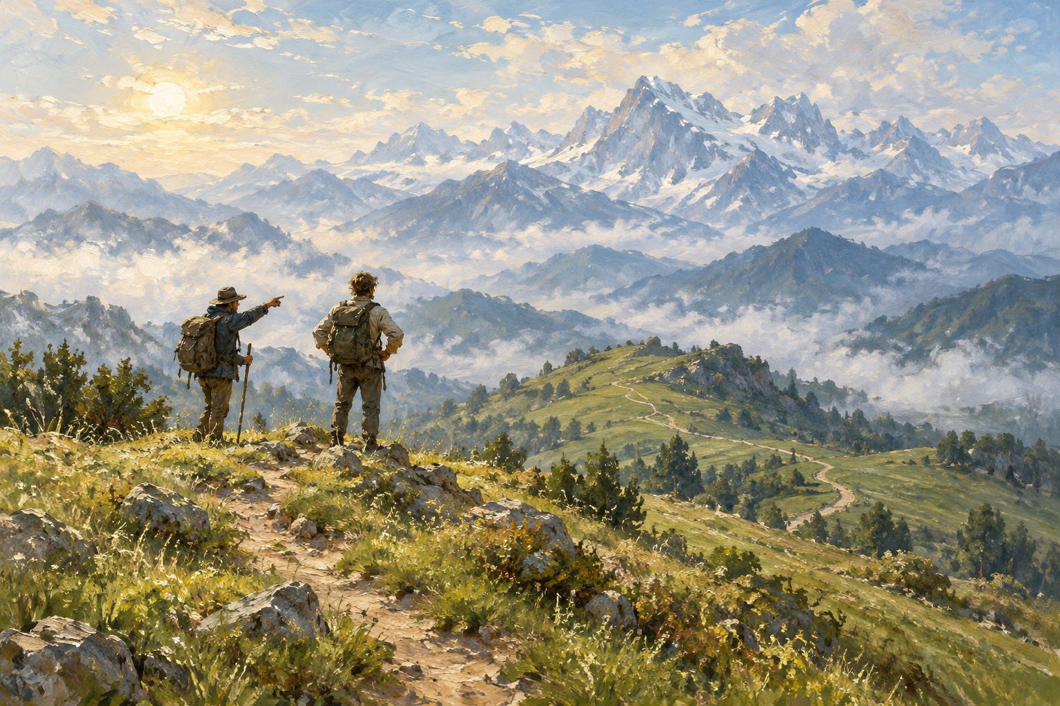 Pintura impresionista de excursionistas en una loma con cumbres altas entre la bruma, ilustración del efecto Dunning-Kruger