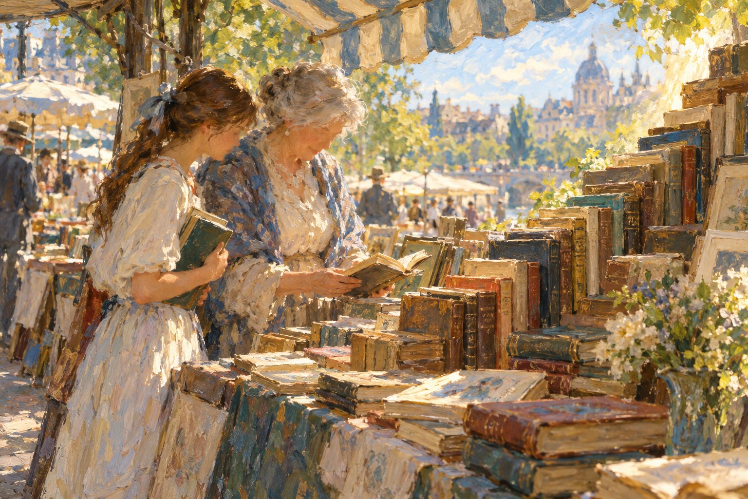 Pintura impresionista de una abuela y su nieta hojeando libros en un mercadillo, ilustración del efecto Flynn y el CI